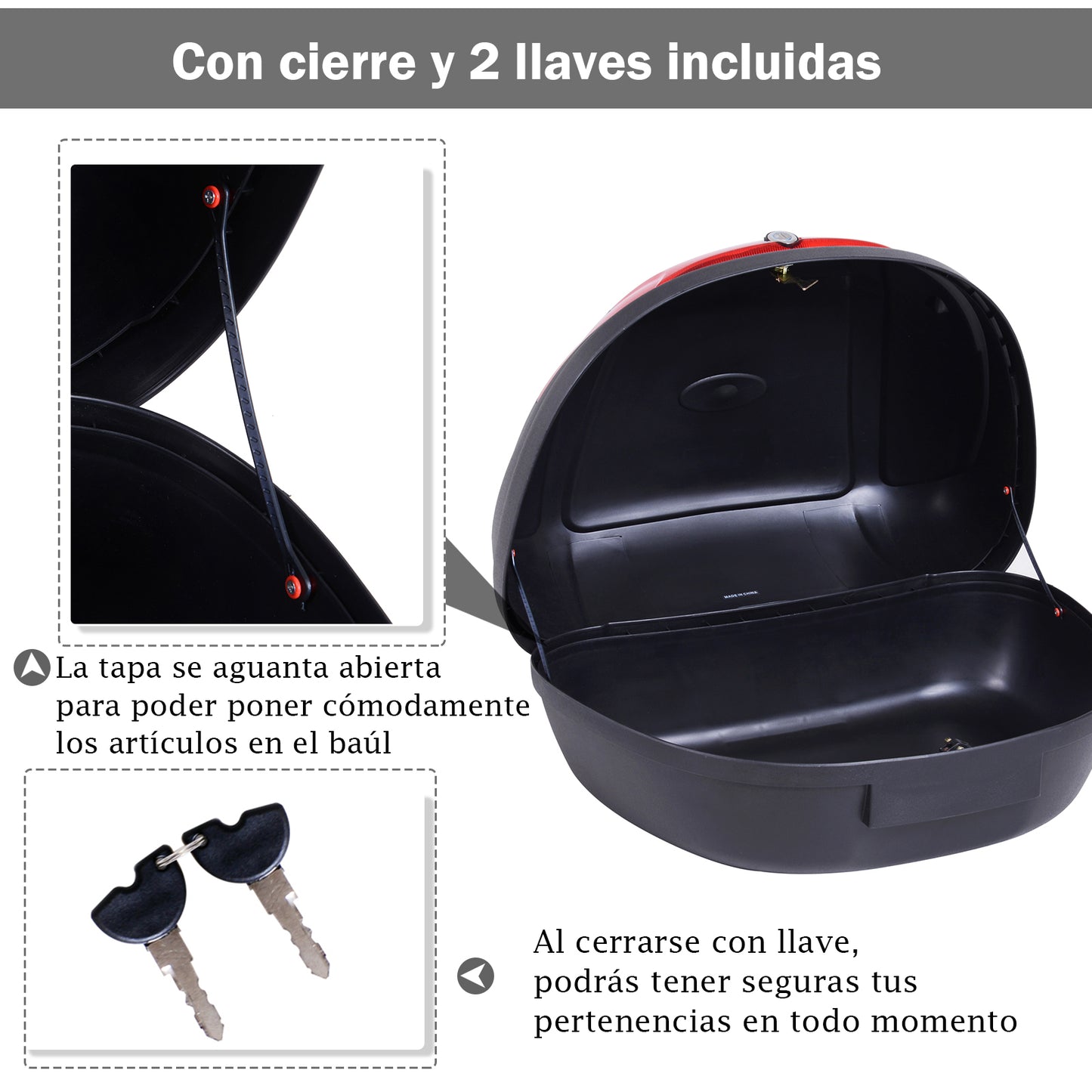 HOMCOM Baúl Moto Universal 52L + Llaves y Accesorios Equipaje Caja de Moto Topcase Casco para Motocicleta Ciclomotores Scooter