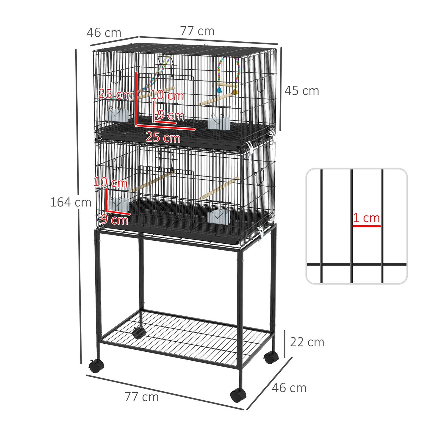 PawHut Jaula para Pájaros 77x46x164 cm Jaula Metálica para Aves con Bandeja Extraíble Perchas Comederos para Periquitos Canarios Negro