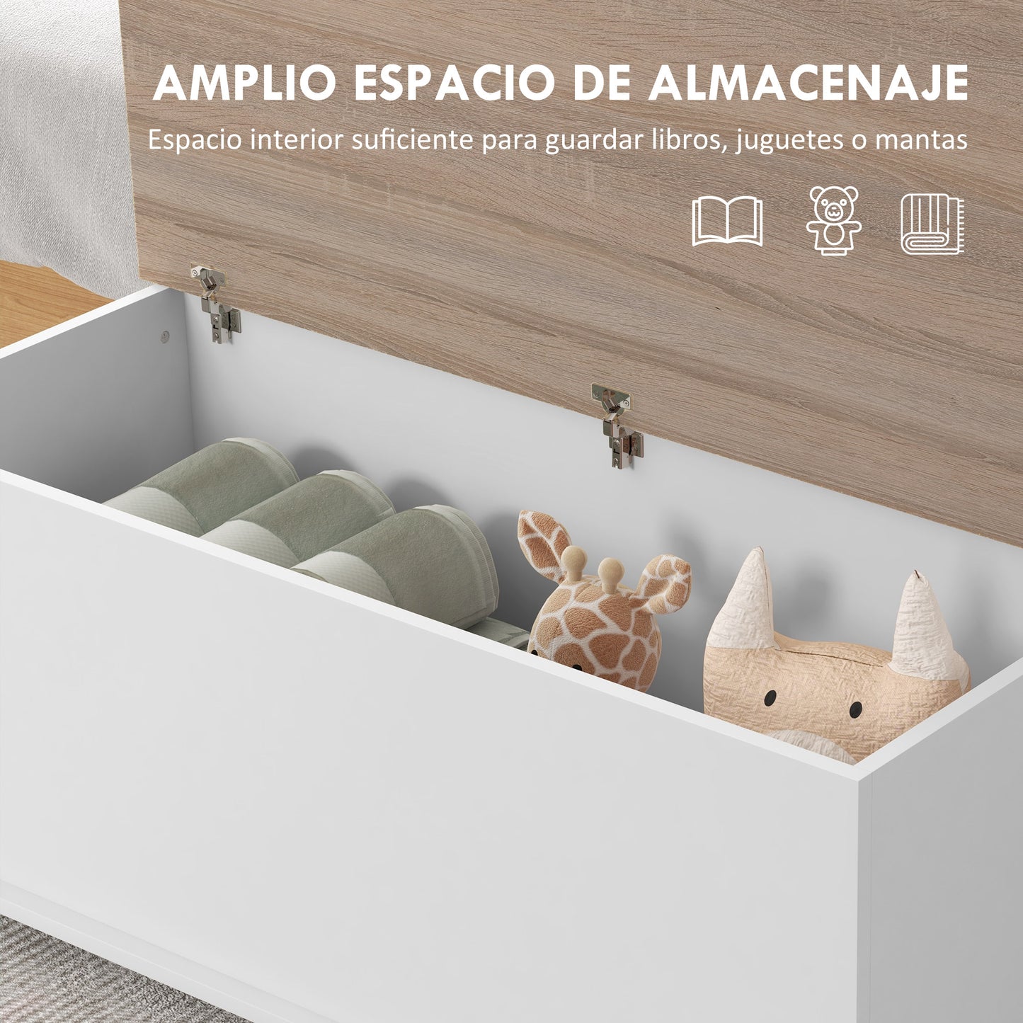 HOMCOM Baúl de Almacenamiento de Madera Arcón de Almacenamiento con Tapa Carga Máx. 60 kg para Dormitorio Salón 100x40x40 cm Natural y Blanco