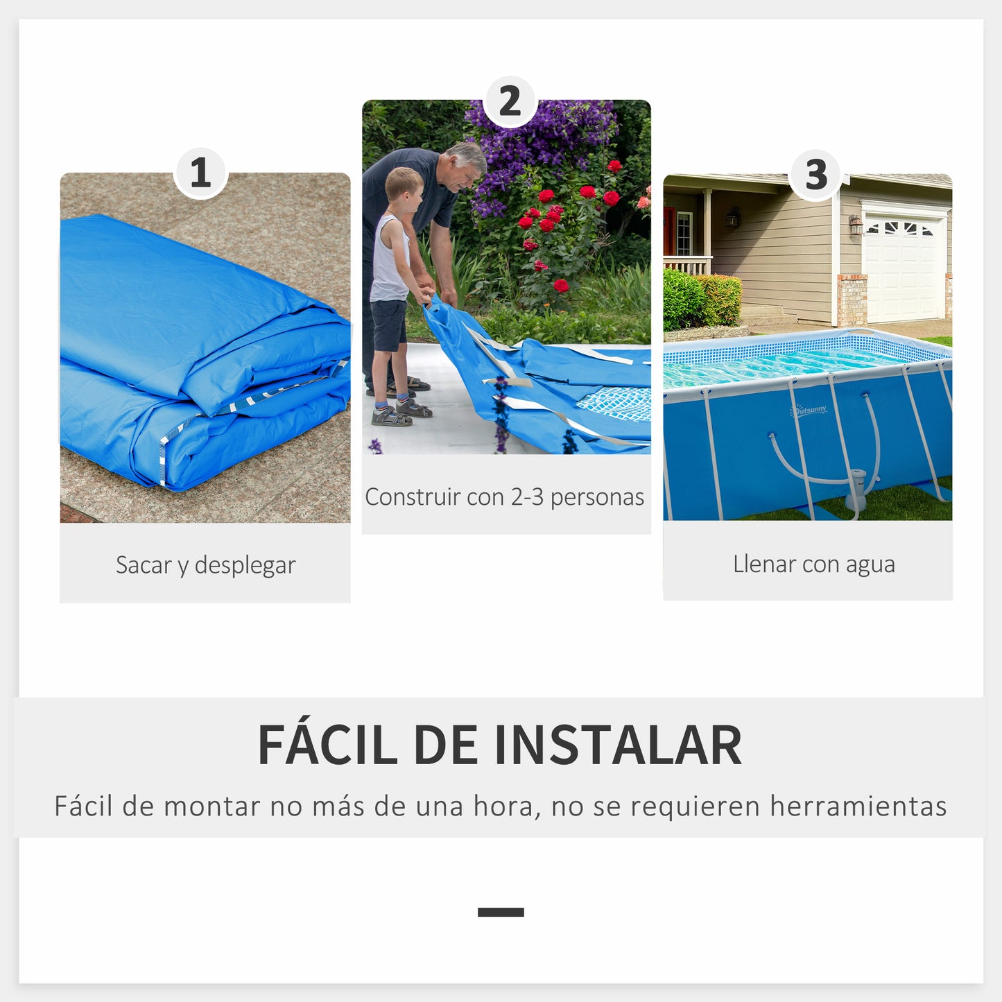 Outsunny Piscina Desmontable 440x240x122 cm Piscina Rectangular de Exterior con Depuradora de Cartucho 4,000 L/H y Marco de Acero 9760 L Azul