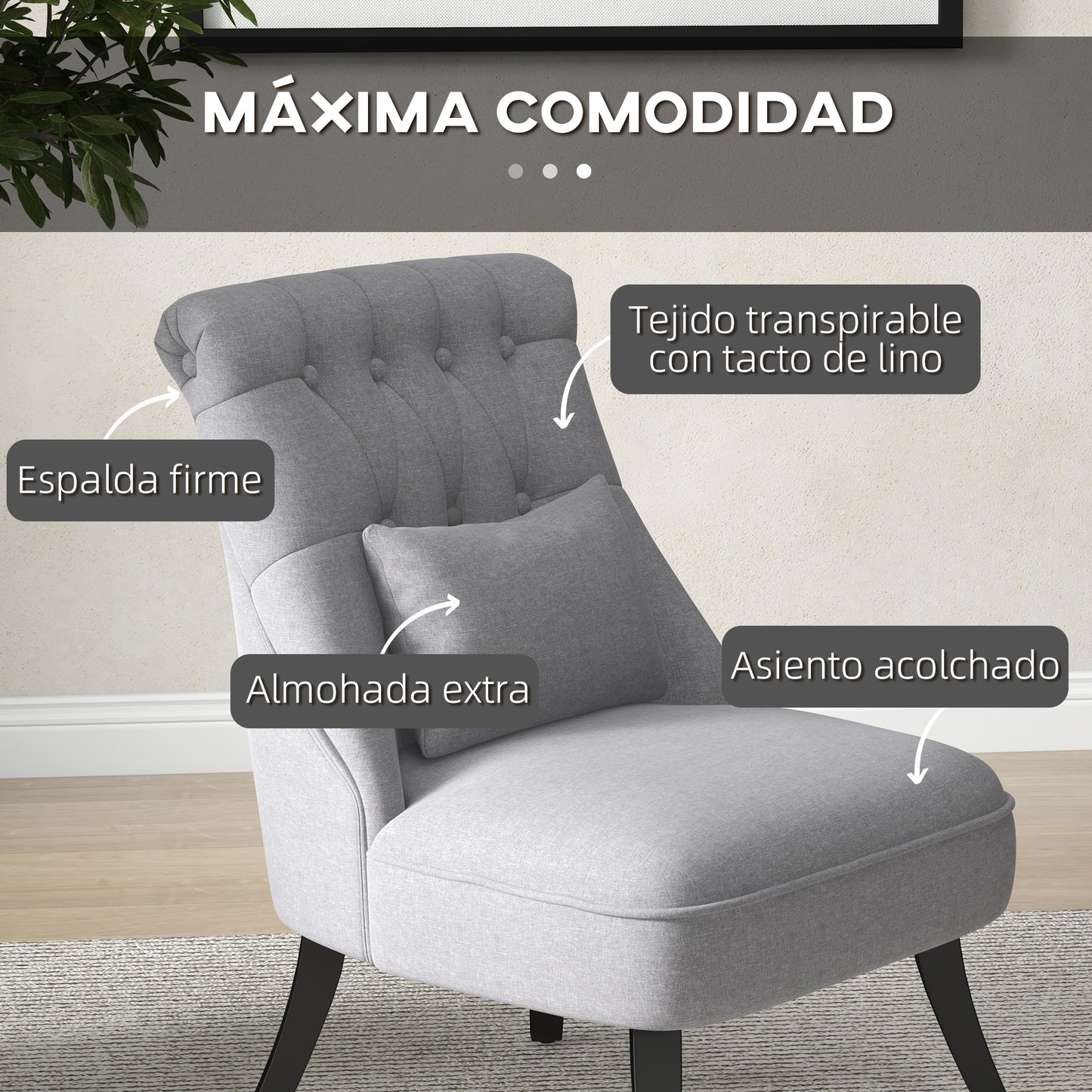 HOMCOM Butaca de Dormitorio Moderna Butaca de Salón Tapizado en Lino con Cojín y Marco de Madera Sillón para Sala de Estar Gris