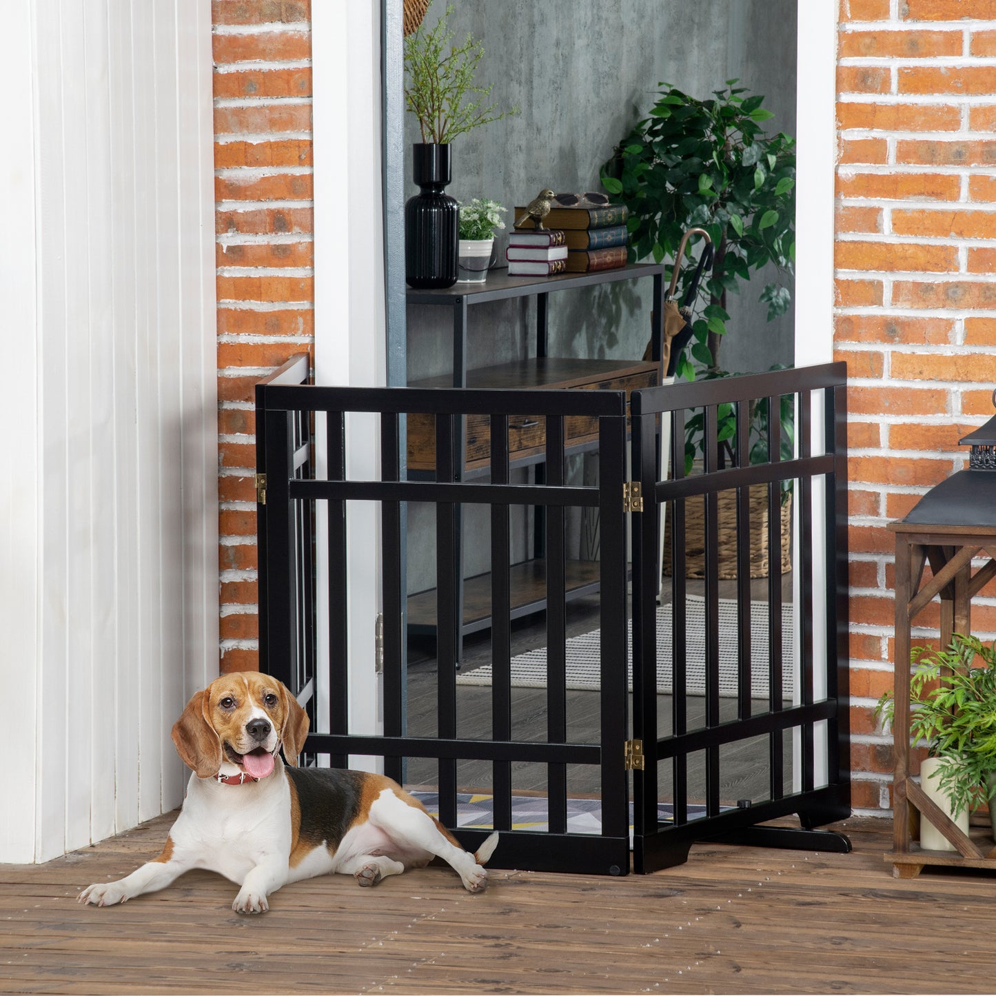 PawHut Barrera de Seguridad Plegable para Perros Valla de Madera para Mascotas de 3 Paneles con Soporte de Pie para Escaleras y Puertas 181x35x76 cm Negro