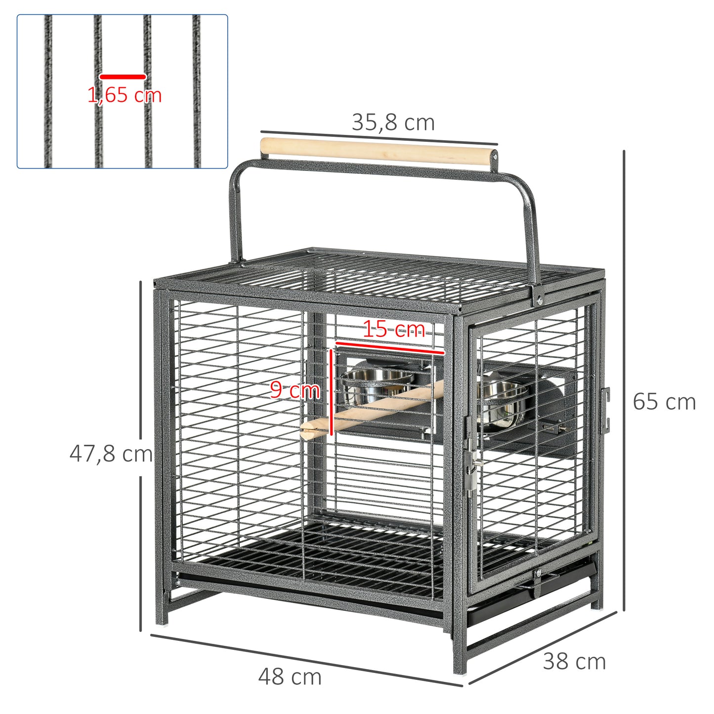 PawHut Jaula para Pájaros Portátil Jaula para Agapornis con 2 Perchas de Madera 2 Comederos de Acero Inoxidable y Bandeja Extraíble para Periquitos Canarios 48x38x47,8 cm Negro