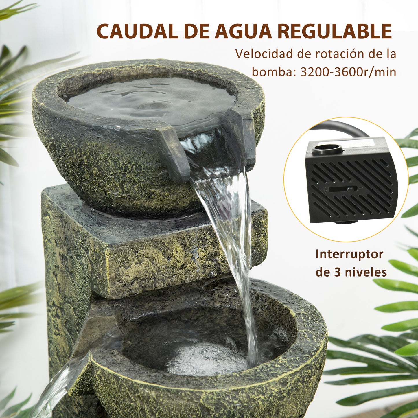 Outsunny Fuente de Jardín 5W Fuente de Agua en Cascada de 4 Niveles con Bomba de Agua y Salida de Agua Ajustable para Decoración Patio 25x24x60 cm Multicolor