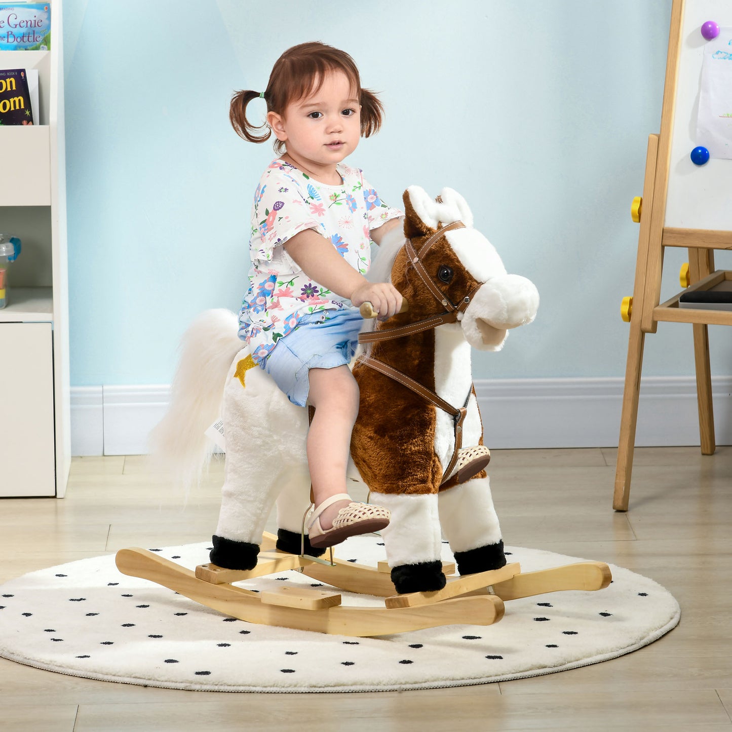 HOMCOM Caballo Balancín para Niños de +3 Años Caballo de Juguete con Música Sonido y Función de Cola Mover la Cola Carga 30 kg 68x26x62 cm Marrón