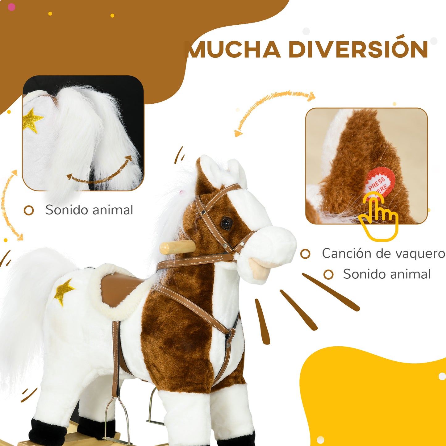 HOMCOM Caballo Balancín para Niños de +3 Años Caballo de Juguete con Música Sonido y Función de Cola Mover la Cola Carga 30 kg 68x26x62 cm Marrón