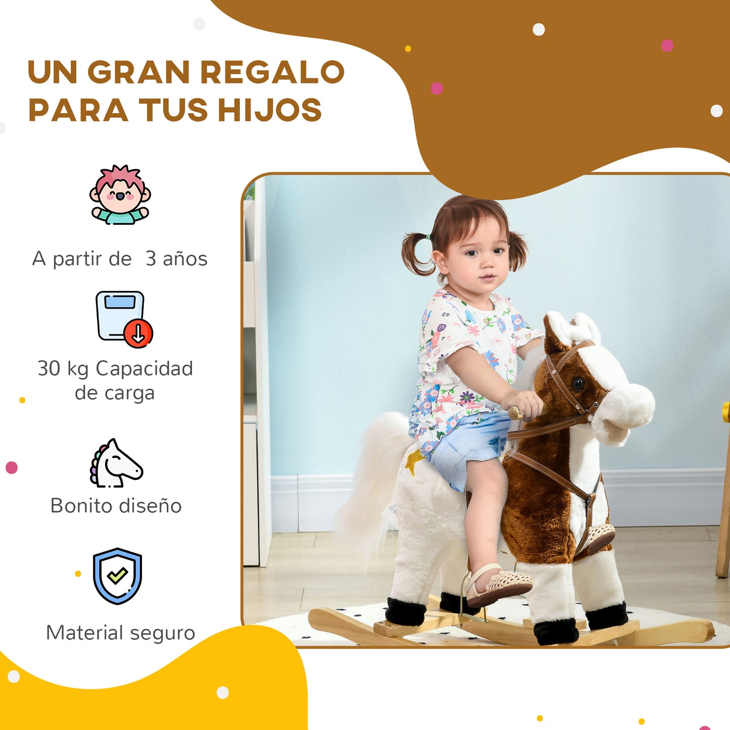 HOMCOM Caballo Balancín para Niños de +3 Años Caballo de Juguete con Música Sonido y Función de Cola Mover la Cola Carga 30 kg 68x26x62 cm Marrón