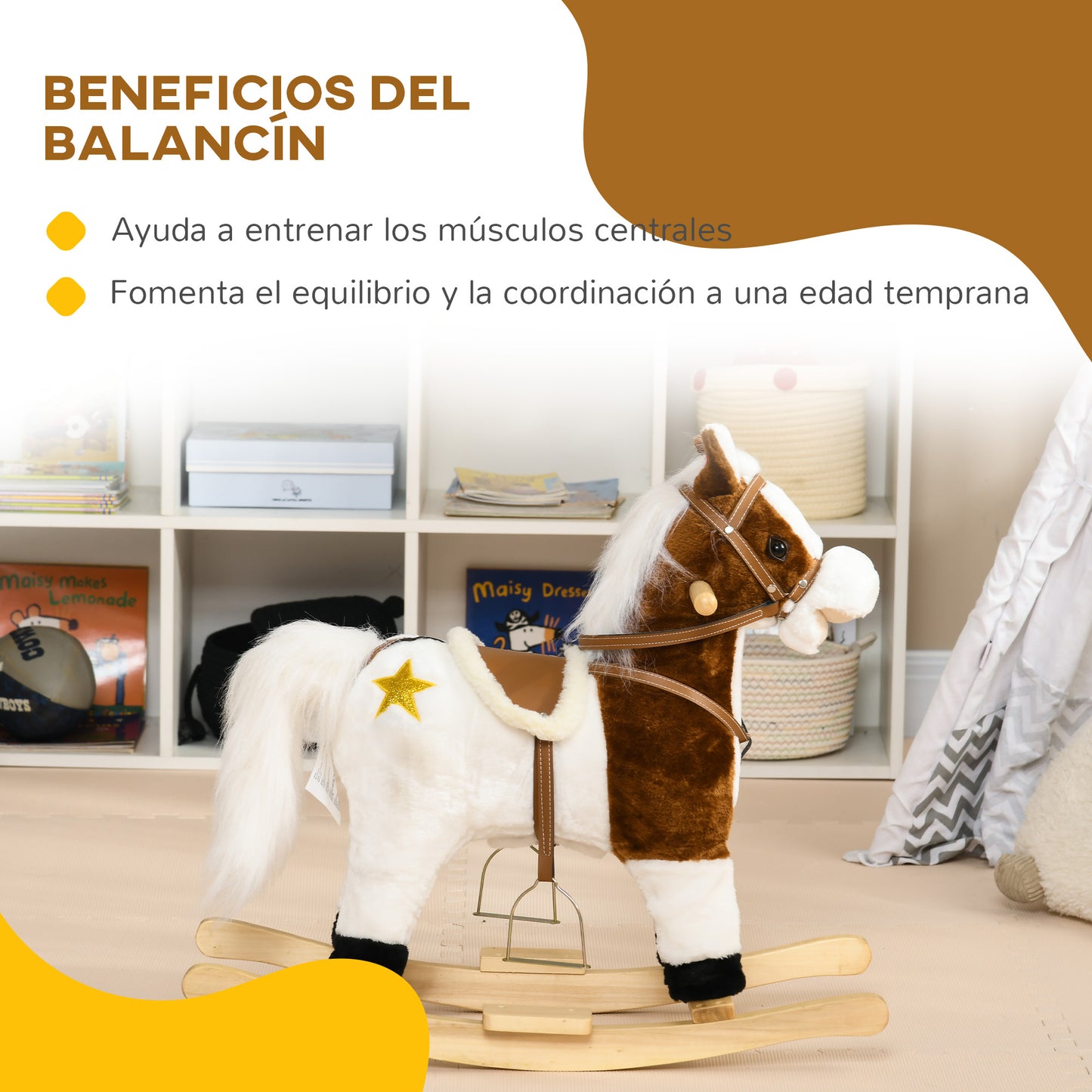 HOMCOM Caballo Balancín para Niños de +3 Años Caballo de Juguete con Música Sonido y Función de Cola Mover la Cola Carga 30 kg 68x26x62 cm Marrón