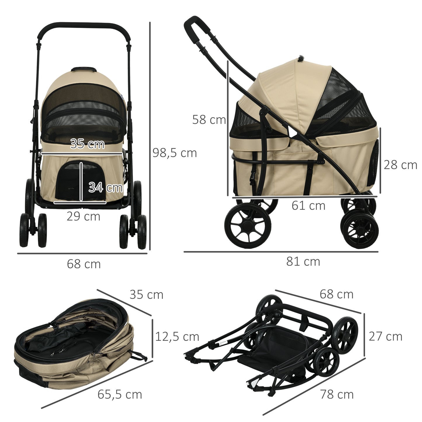 PawHut Carrito para Perros 2 en 1 Cochecito para Perros Pequeños Plegable Cochecito para Mascotas con 2 Correas de Seguridad 2 Bolsillos Laterales Cojín Lavable y Ruedas Universales Caqui