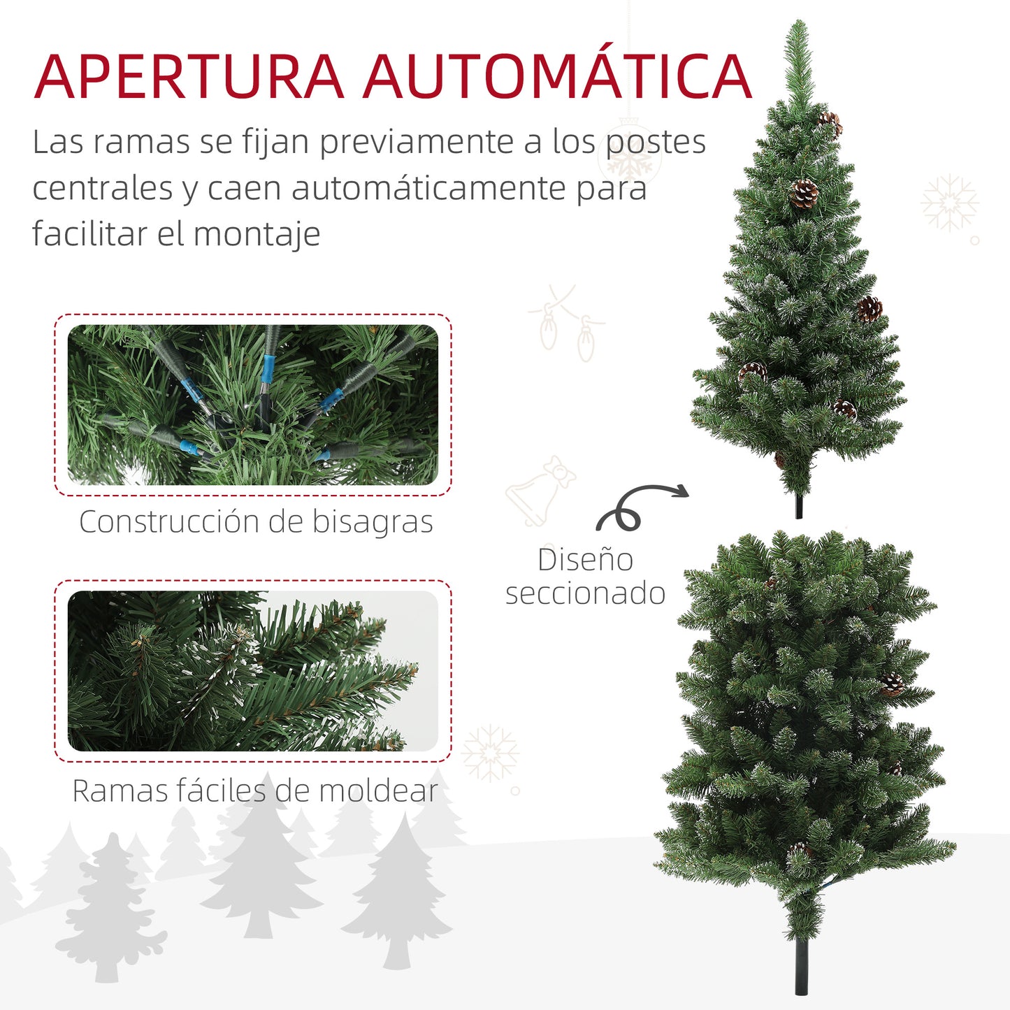 HOMCOM Árbol de Navidad Estrecho 150 cm Árbol de Navidad Artificial con 395 Ramas 30 Piñas y Soporte de Metal Árbol Navideño para Salón Interior Verde