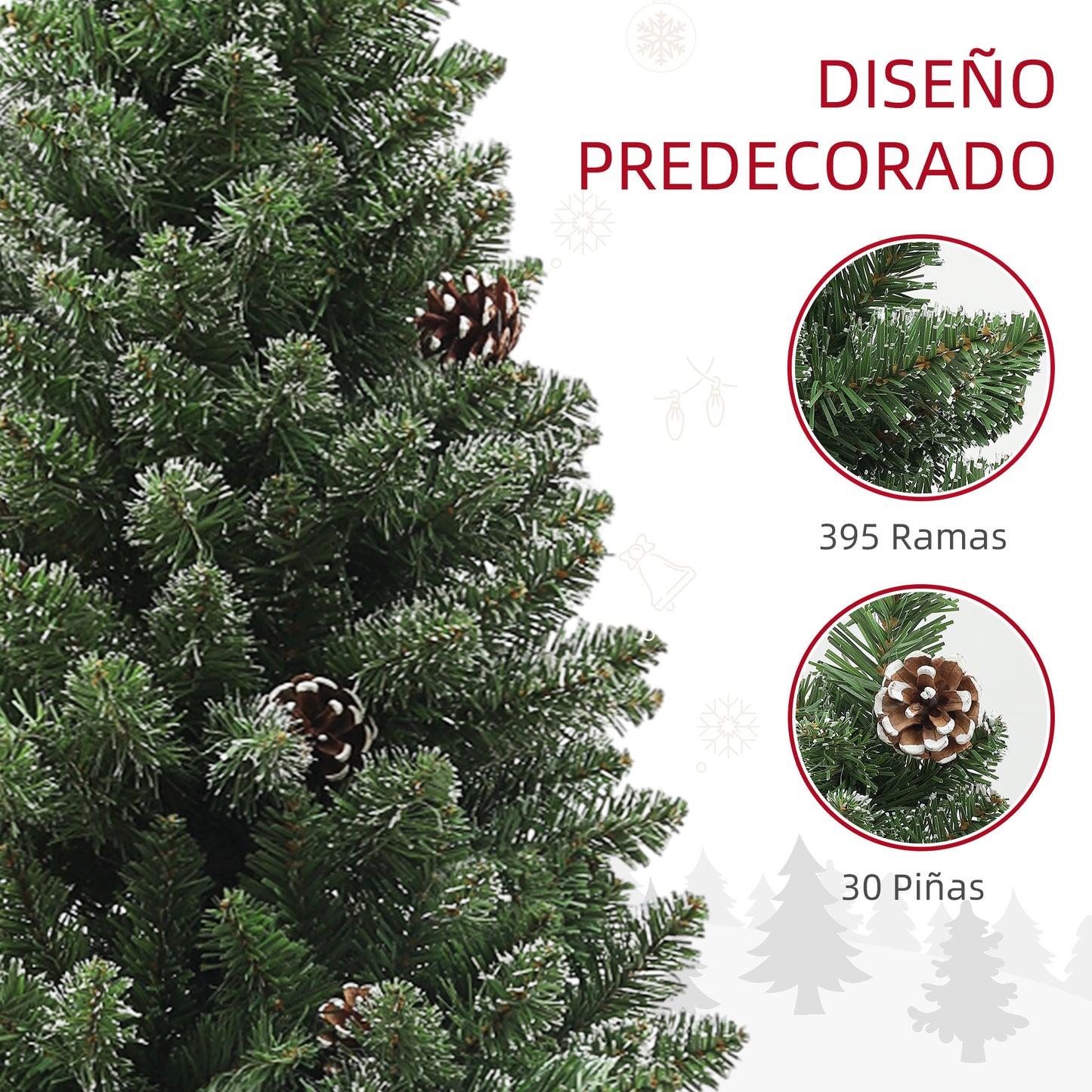 HOMCOM Árbol de Navidad Estrecho 150 cm Árbol de Navidad Artificial con 395 Ramas 30 Piñas y Soporte de Metal Árbol Navideño para Salón Interior Verde