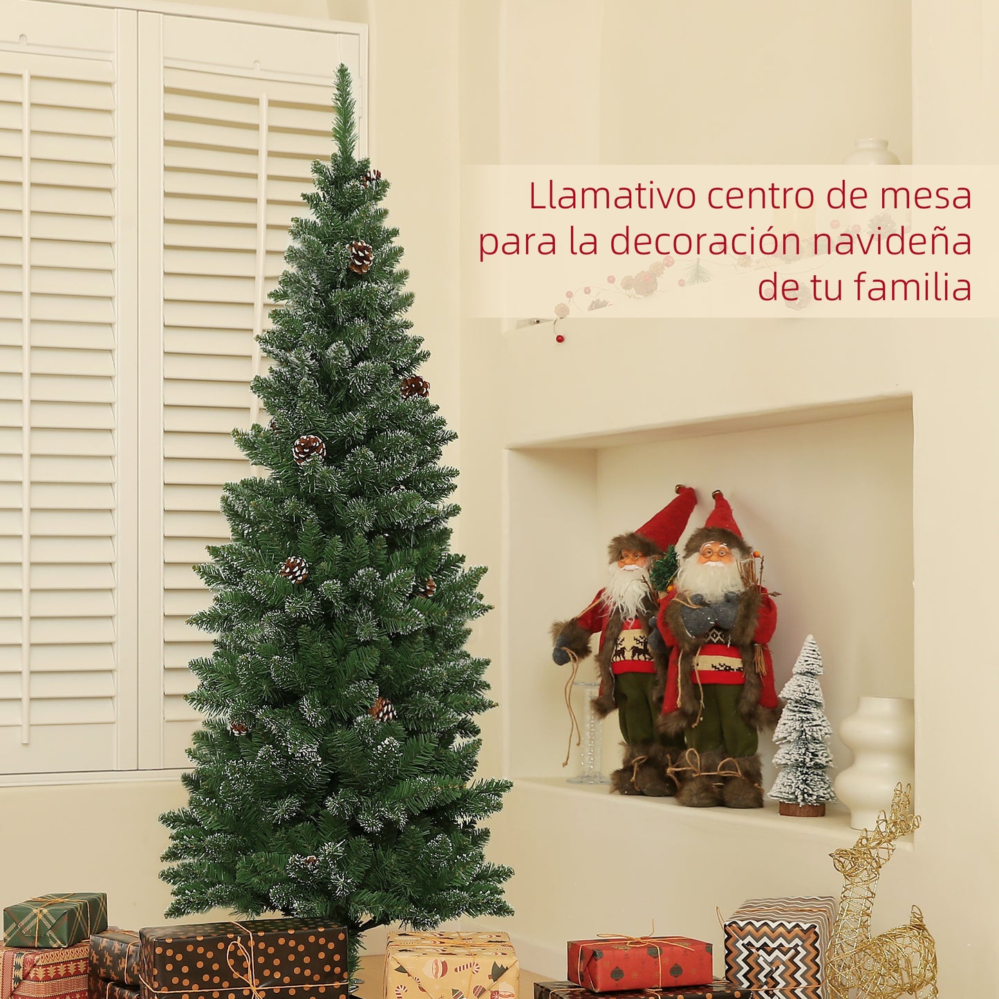 HOMCOM Árbol de Navidad Estrecho 150 cm Árbol de Navidad Artificial con 395 Ramas 30 Piñas y Soporte de Metal Árbol Navideño para Salón Interior Verde