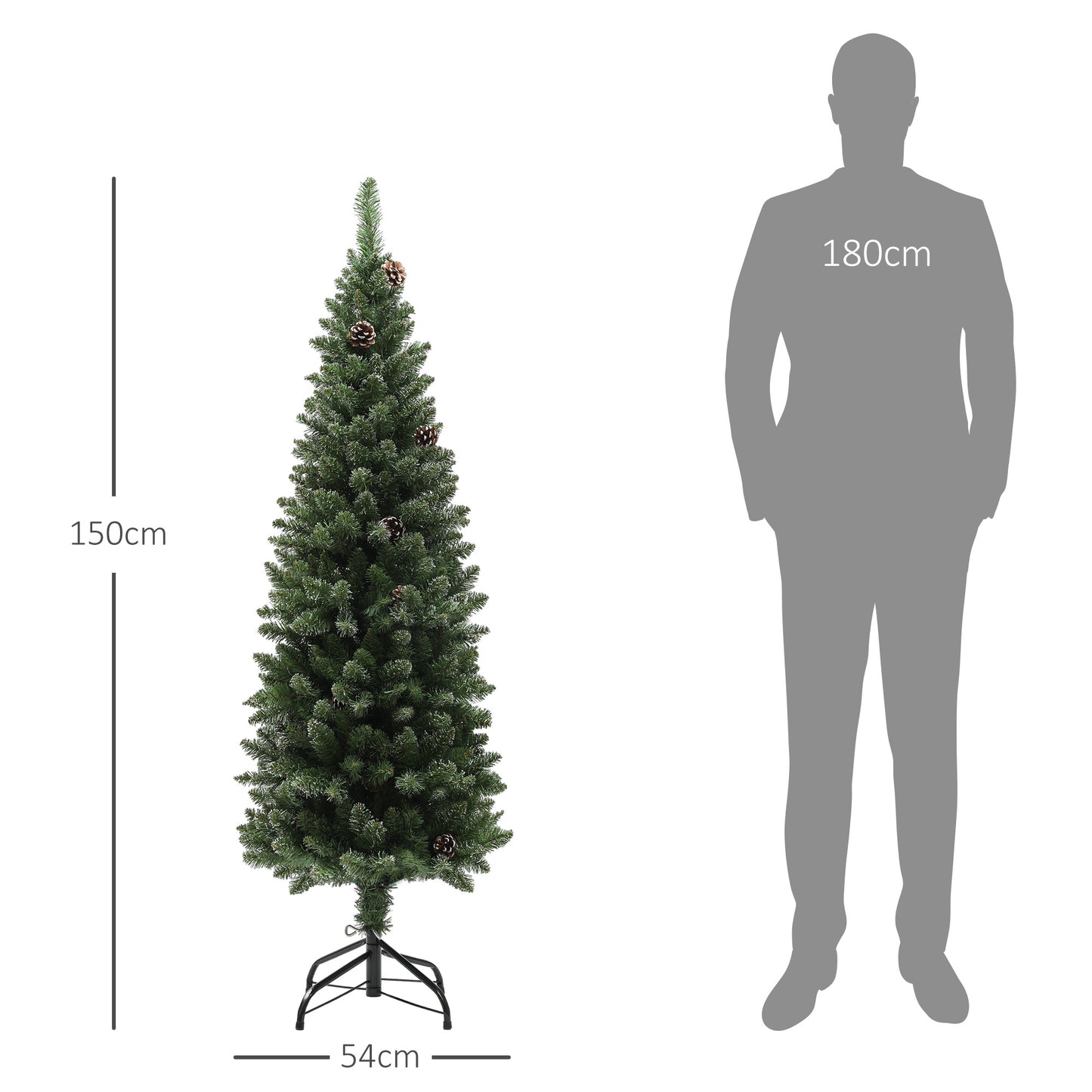 HOMCOM Árbol de Navidad Estrecho 150 cm Árbol de Navidad Artificial con 395 Ramas 30 Piñas y Soporte de Metal Árbol Navideño para Salón Interior Verde