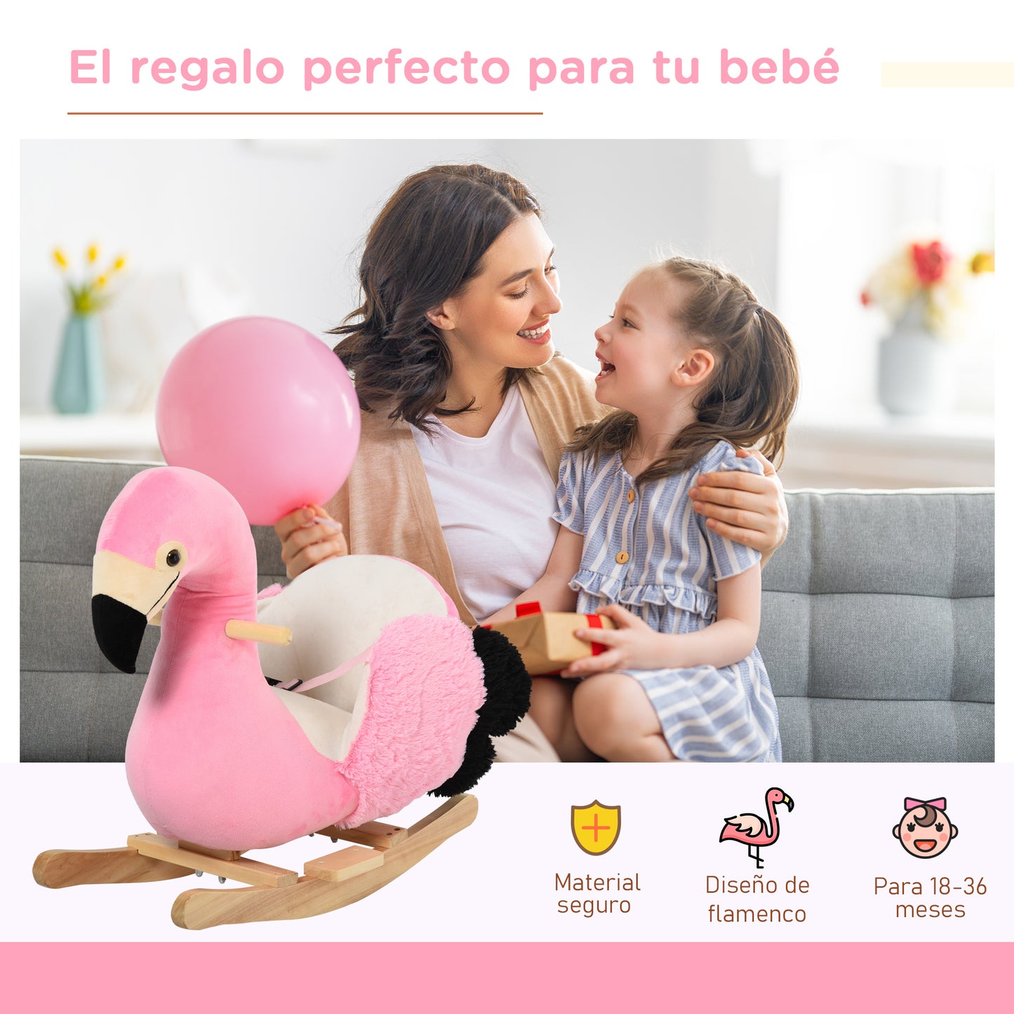 HOMCOM Caballito Balancín de Flamenco para Niños de +18 Meses Balancín Infantil de Felpa y Base de Madera Carga 25 kg 60x33x52 cm Rosa