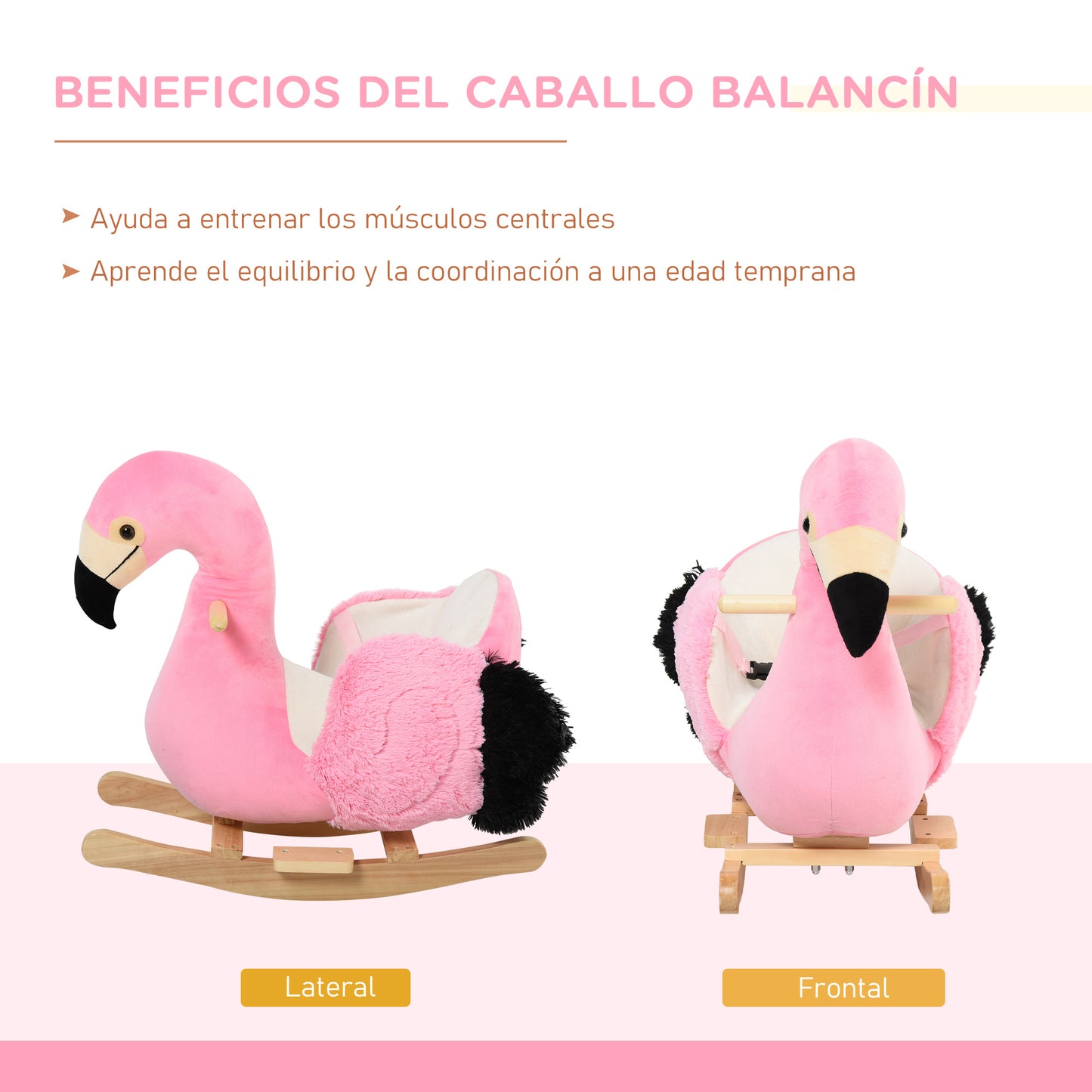 HOMCOM Caballito Balancín de Flamenco para Niños de +18 Meses Balancín Infantil de Felpa y Base de Madera Carga 25 kg 60x33x52 cm Rosa