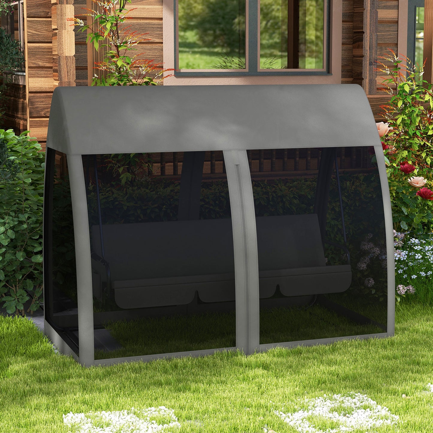 Outsunny Balancín de Jardín de 3 Plazas Convertible en Cama Columpio Jardín Exterior con Mosquitera Estructura de Metal Carga 300 kg 240x140x197 cm Gris