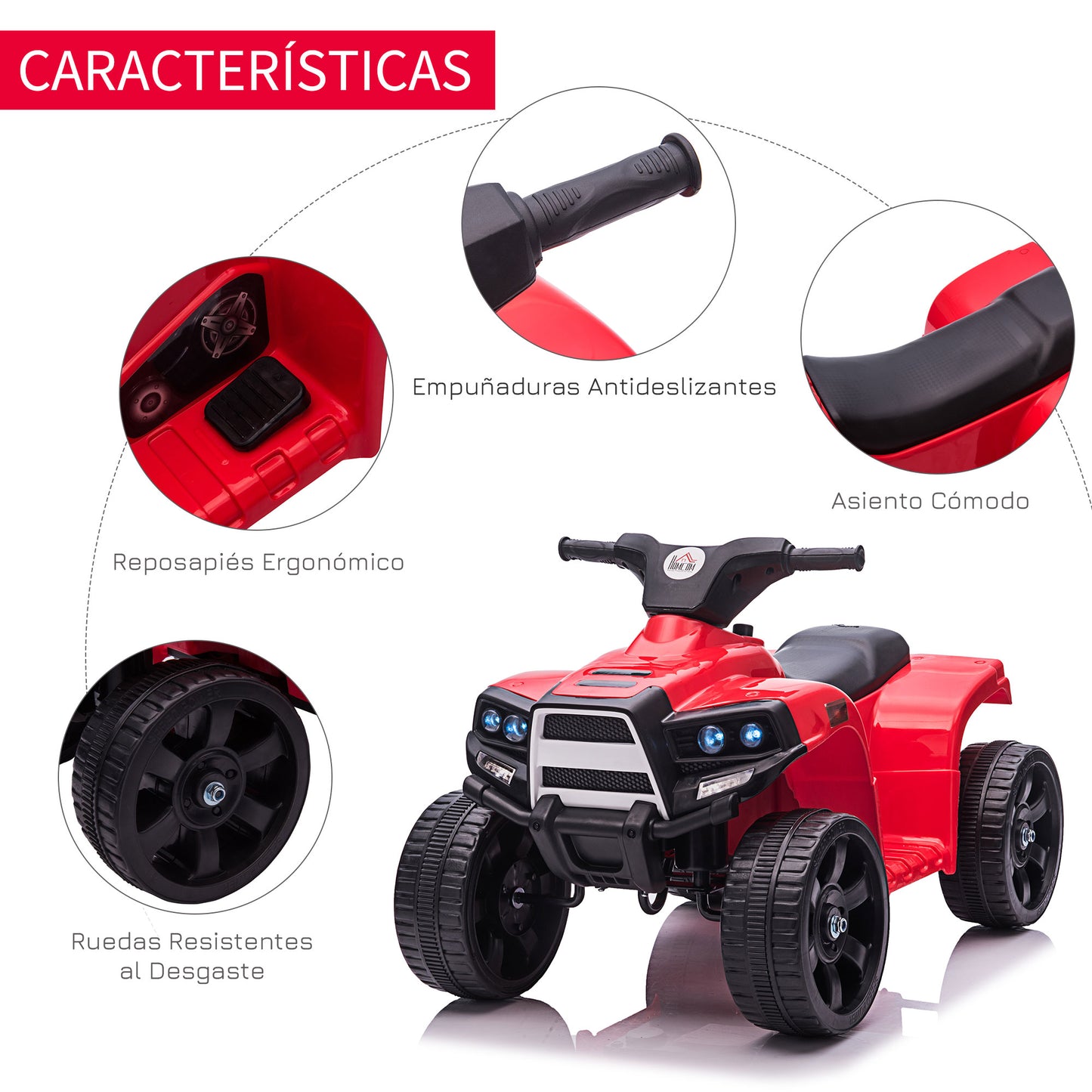 HOMCOM Quad Eléctrico para Niños 18-36 Meses Cuatrimoto Infantil a Batería 6V con Faros Bocina Velocidad 0-3 km/h Avance y Retroceso 65x40x43 cm Rojo