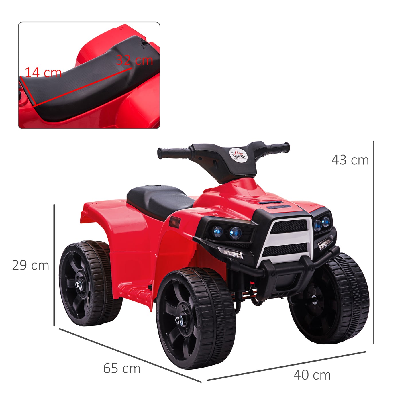 HOMCOM Quad Eléctrico para Niños 18-36 Meses Cuatrimoto Infantil a Batería 6V con Faros Bocina Velocidad 0-3 km/h Avance y Retroceso 65x40x43 cm Rojo