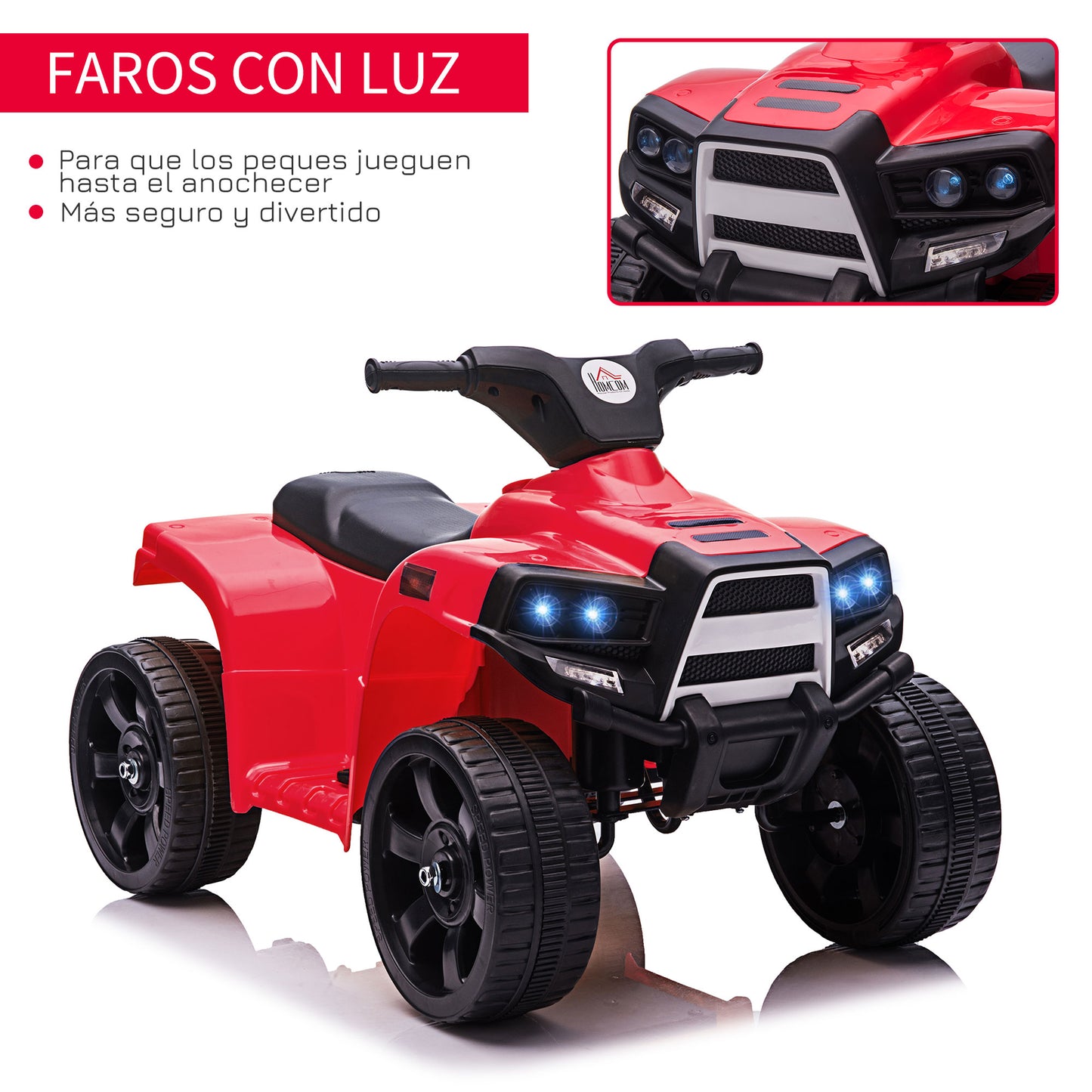 HOMCOM Quad Eléctrico para Niños 18-36 Meses Cuatrimoto Infantil a Batería 6V con Faros Bocina Velocidad 0-3 km/h Avance y Retroceso 65x40x43 cm Rojo