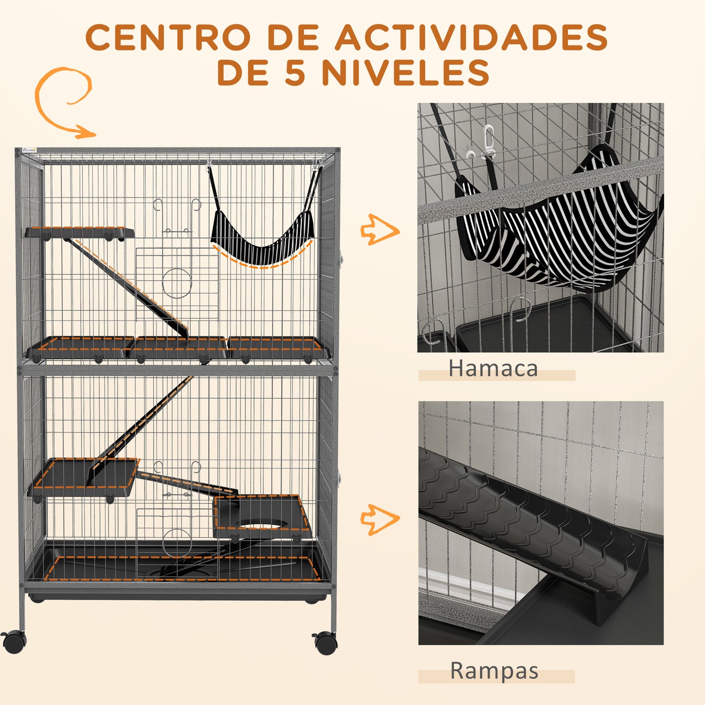 PawHut Jaula para Animales Pequeños de 4 Niveles Parque para Mascotas con Ruedas Rampas Hamaca Colgante y Bandeja Extraíble Recinto para Conejos Chinchillas Hurones 80x52x128 cm Gris