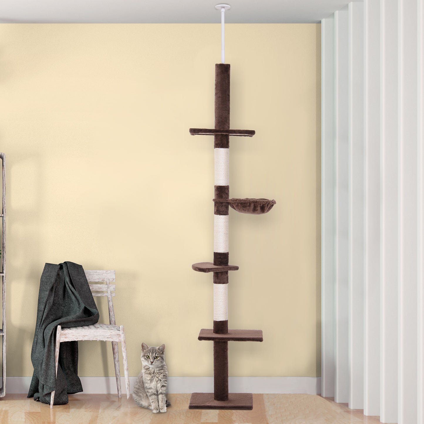 PawHut Árbol para Gatos de Suelo a Techo de 230-260 cm Torre para Gatos con Altura Ajustable Plataformas Hamaca y Postes de Sisal Marrón