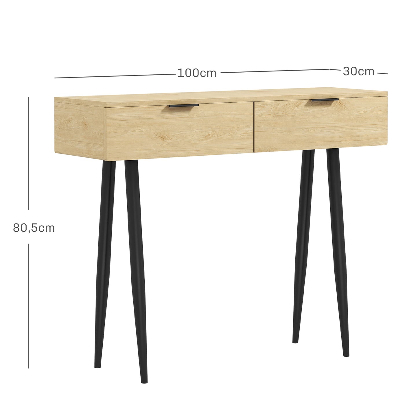 HOMCOM Mesa Consola Mueble para Recibidor con 2 Cajones y Patas de Acero Consola para Recibidor Entrada Pasillo 100x30x80,5 cm Roble