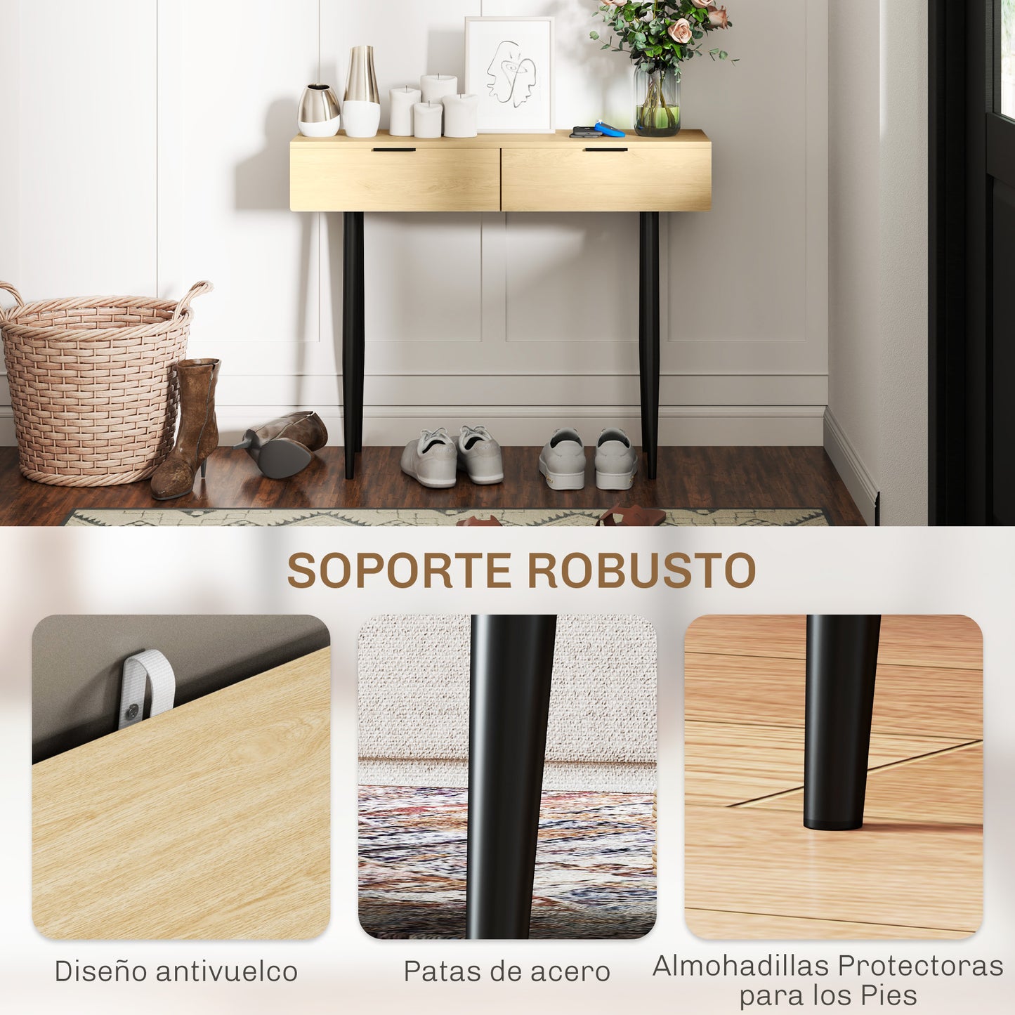 HOMCOM Mesa Consola Mueble para Recibidor con 2 Cajones y Patas de Acero Consola para Recibidor Entrada Pasillo 100x30x80,5 cm Roble