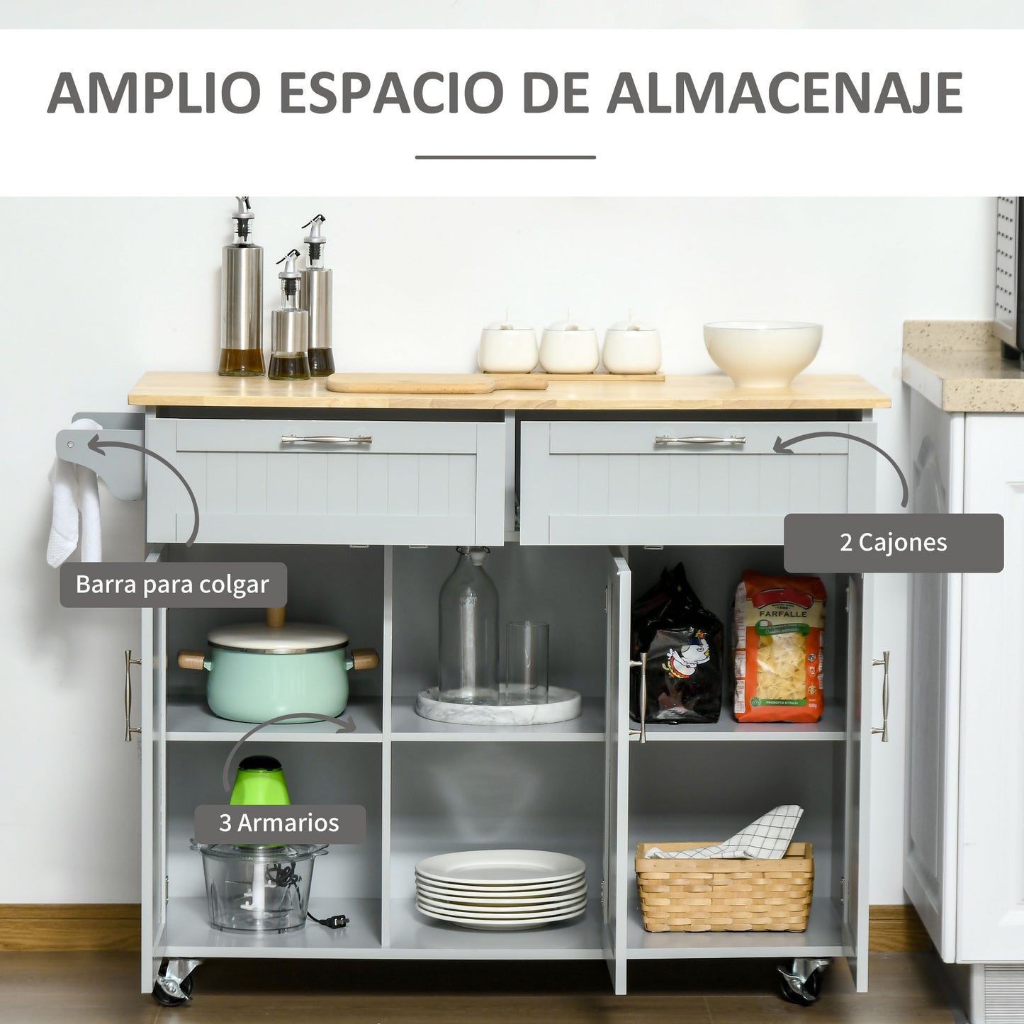 HOMCOM Isla de Cocina Carro de Cocina con Ruedas Carrito de Servicio Multiusos con 2 Cajones 3 Puertas Estantes Ajustables y Barra Colgante para Comedor 121x46x91 cm Gris