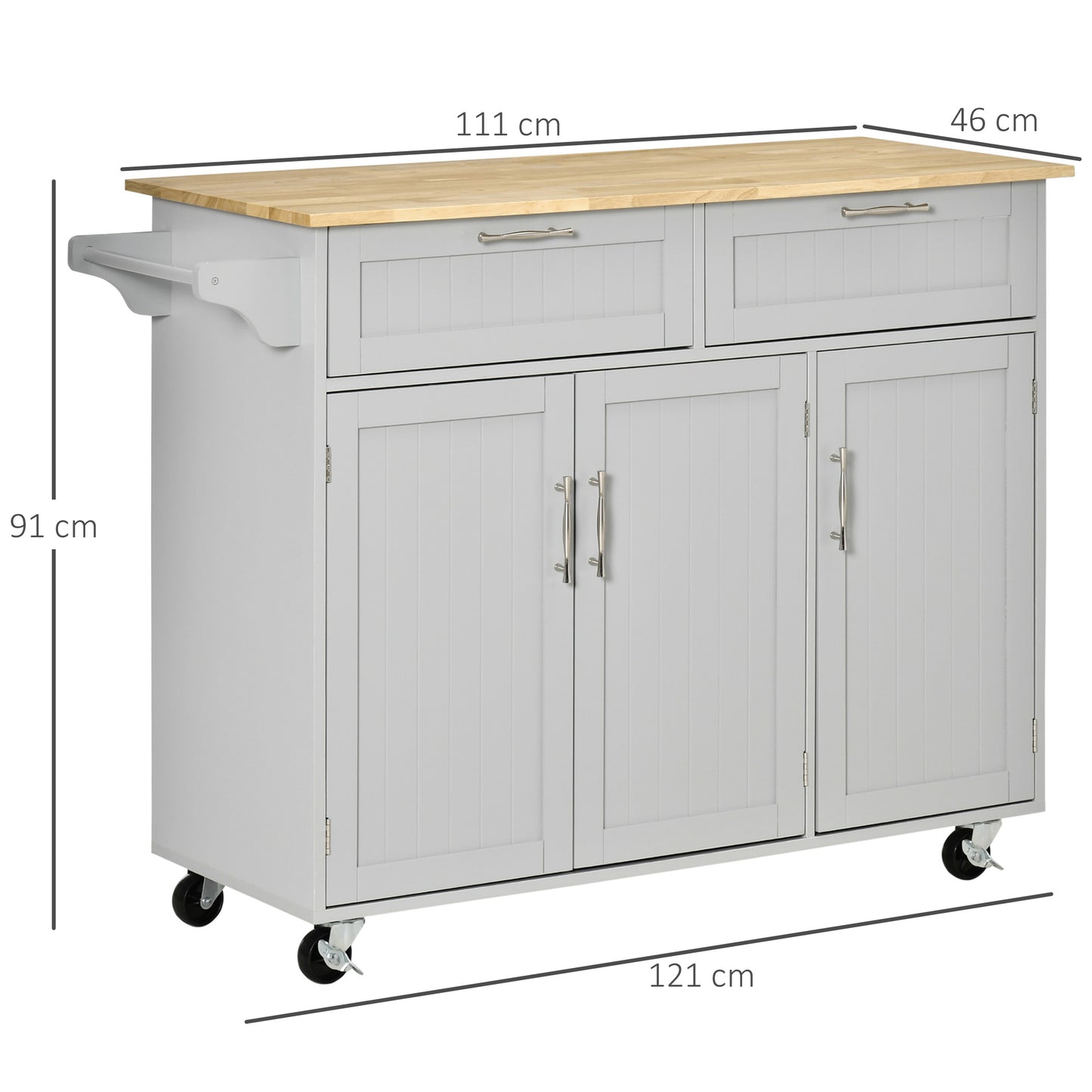 HOMCOM Isla de Cocina Carro de Cocina con Ruedas Carrito de Servicio Multiusos con 2 Cajones 3 Puertas Estantes Ajustables y Barra Colgante para Comedor 121x46x91 cm Gris