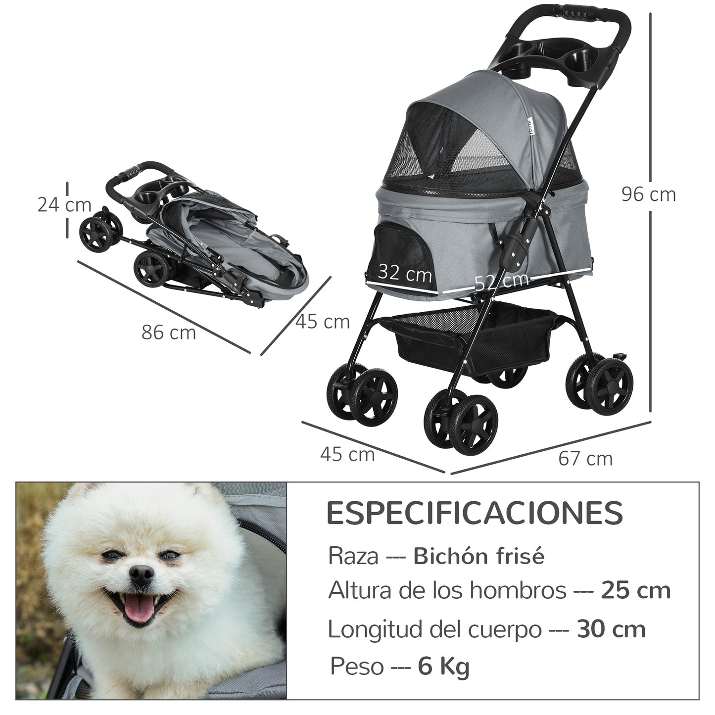 PawHut Cochecito para Perros Plegable Carrito para Perros Pequeños con Ruedas Universales Cesta de Almacenaje Correas de Seguridad y Ventanas 67x45x96 cm Gris