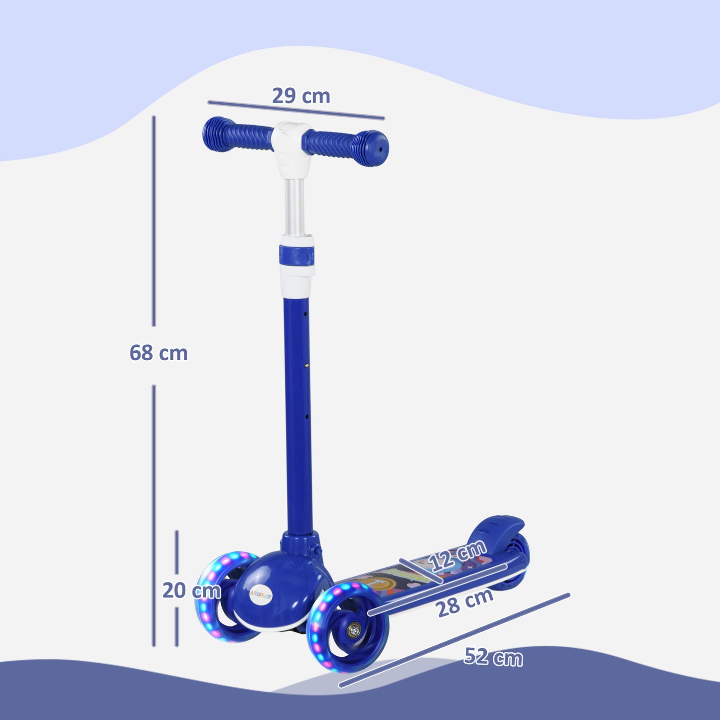 AIYAPLAY Patinete para Niños de 2-6 Años Patinete Infantil Patinete con 3 Ruedas Luces LED Altura Ajustable Carga 25 kg 52x29x63-76 cm Azul