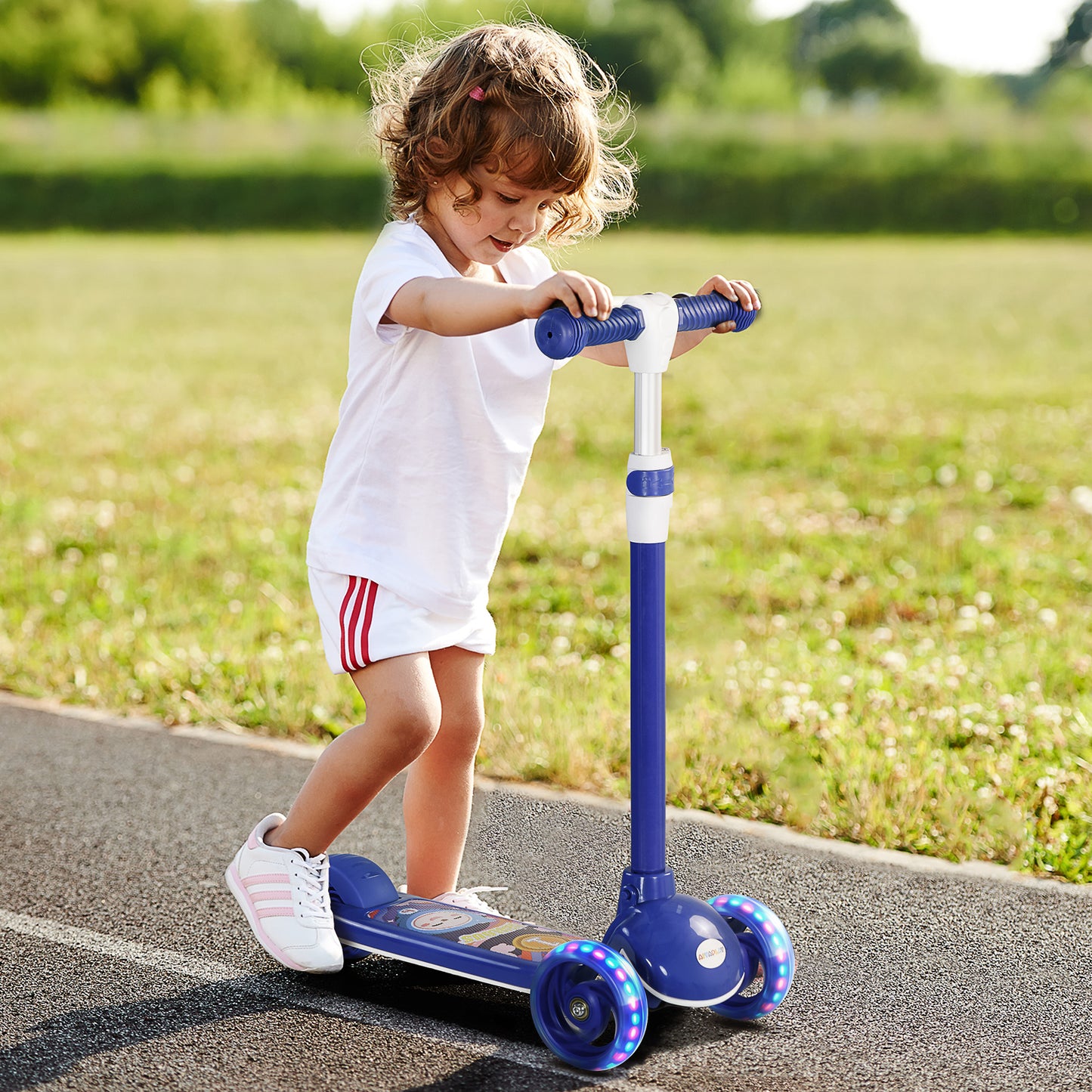 AIYAPLAY Patinete para Niños de 2-6 Años Patinete Infantil Patinete con 3 Ruedas Luces LED Altura Ajustable Carga 25 kg 52x29x63-76 cm Azul