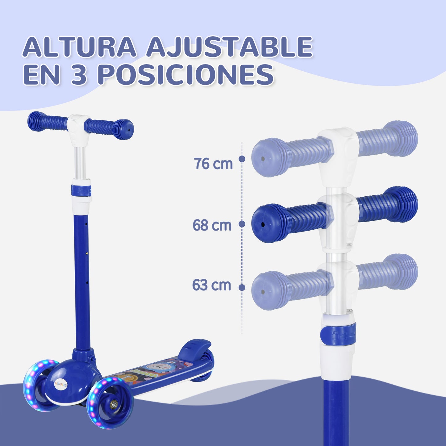 AIYAPLAY Patinete para Niños de 2-6 Años Patinete Infantil Patinete con 3 Ruedas Luces LED Altura Ajustable Carga 25 kg 52x29x63-76 cm Azul