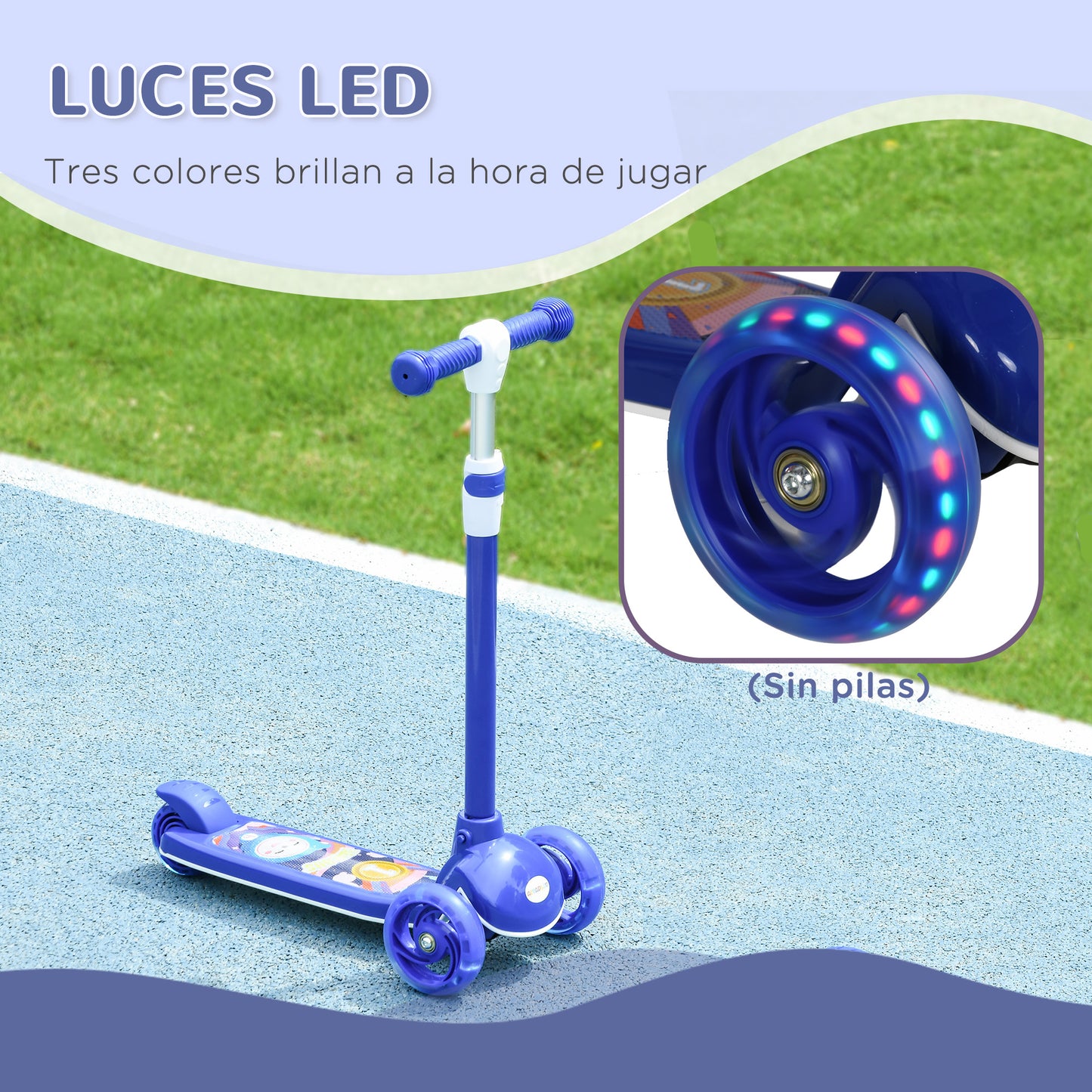 AIYAPLAY Patinete para Niños de 2-6 Años Patinete Infantil Patinete con 3 Ruedas Luces LED Altura Ajustable Carga 25 kg 52x29x63-76 cm Azul