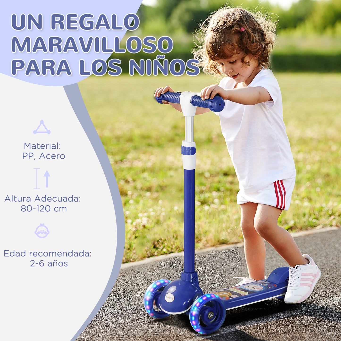 AIYAPLAY Patinete para Niños de 2-6 Años Patinete Infantil Patinete con 3 Ruedas Luces LED Altura Ajustable Carga 25 kg 52x29x63-76 cm Azul