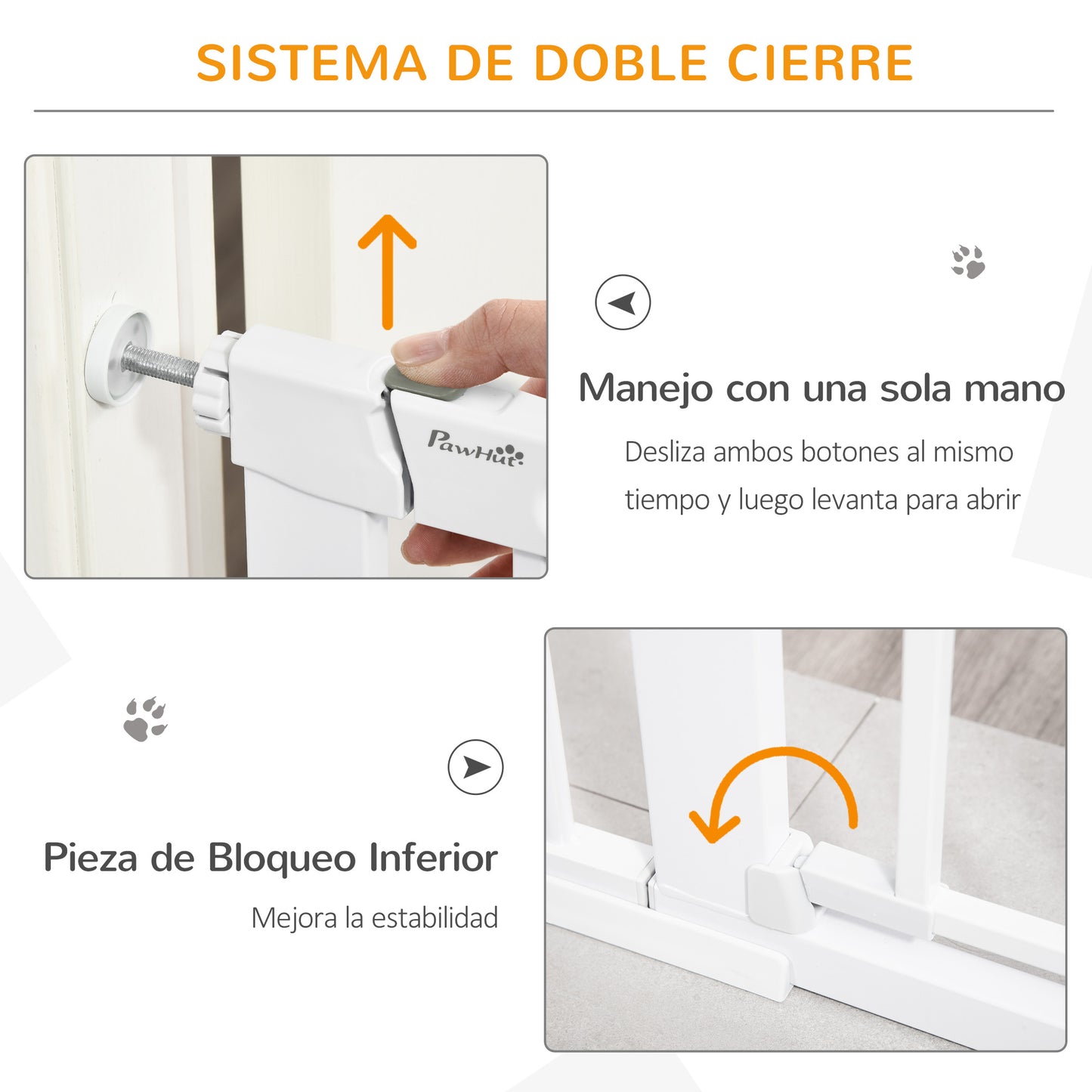 PawHut Barrera de Seguridad para Perros Mascotas 75-103 cm para Escaleras y Puertas con 2 Extensiones Cierre Automático y Sistema de Doble Bloqueo Blanco