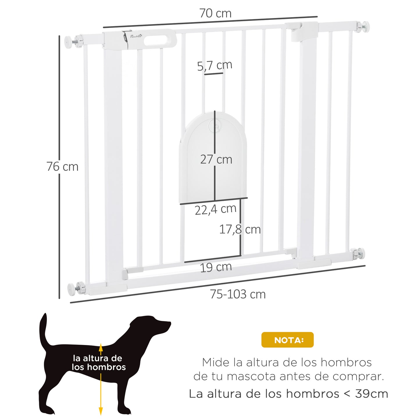 PawHut Barrera de Seguridad para Perros Mascotas 75-103 cm para Escaleras y Puertas con 2 Extensiones Cierre Automático y Sistema de Doble Bloqueo Blanco