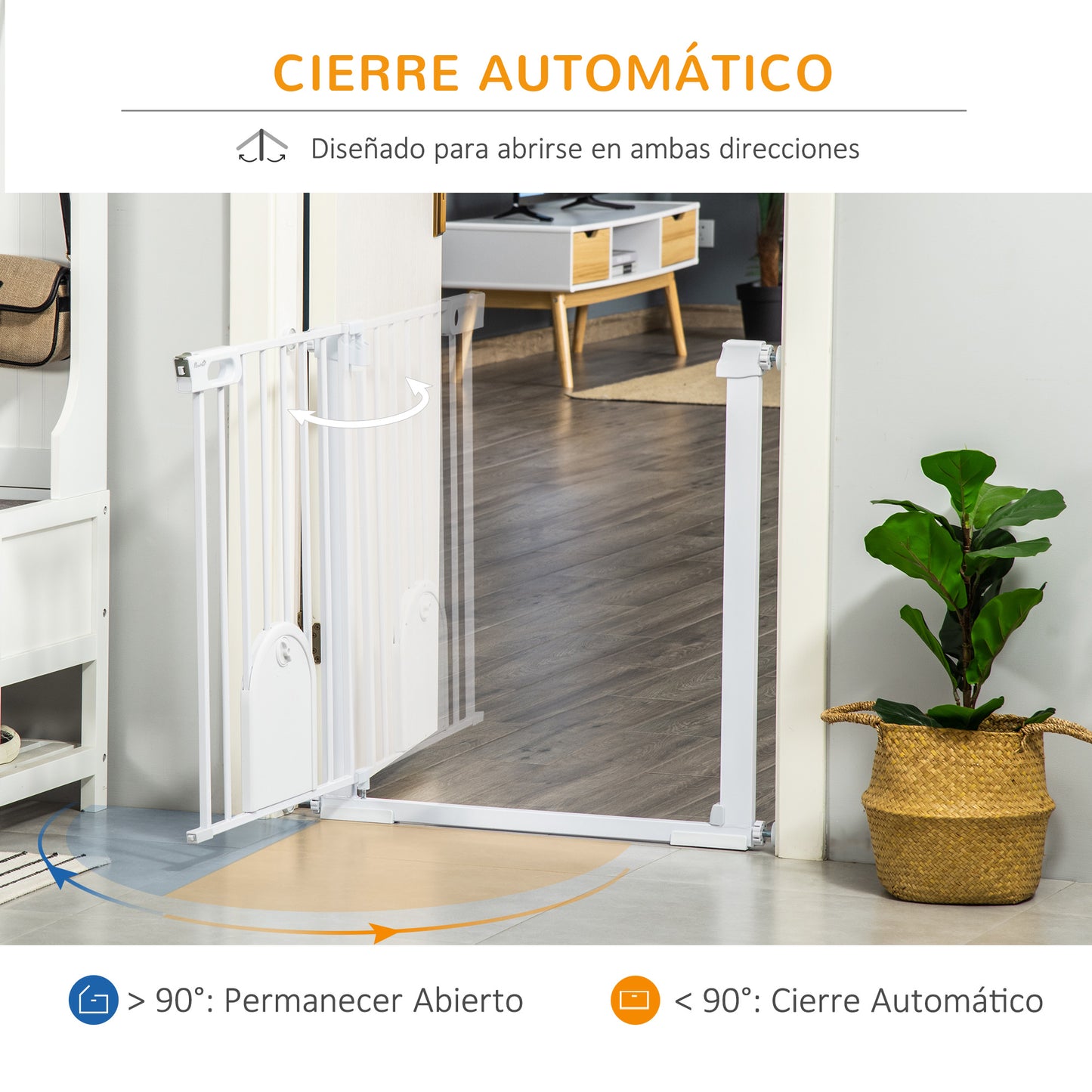 PawHut Barrera de Seguridad para Perros Mascotas 75-103 cm para Escaleras y Puertas con 2 Extensiones Cierre Automático y Sistema de Doble Bloqueo Blanco