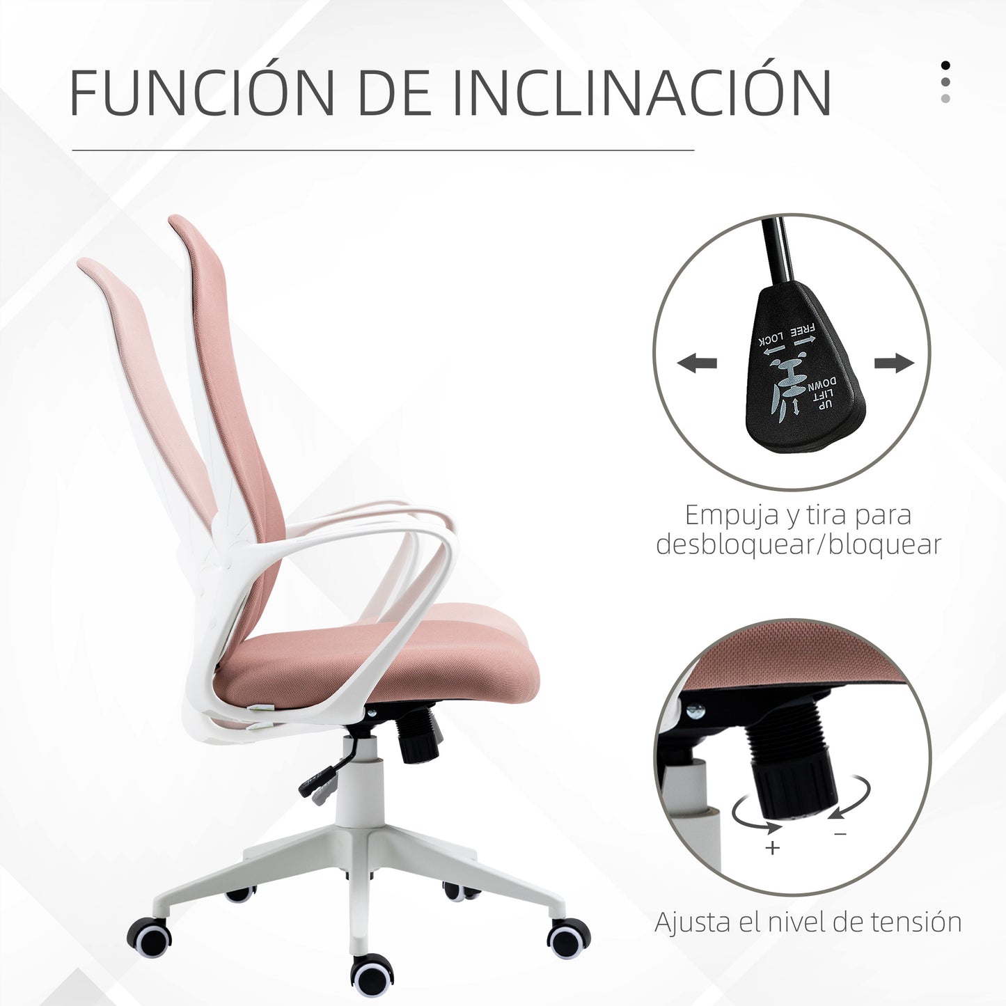 Vinsetto Silla de Oficina Giratoria Silla de Escritorio Juvenil con Altura Ajustable Función de Basculante Reposabrazos y Respaldo Alto 62x56x110-119,5 cm Rosa