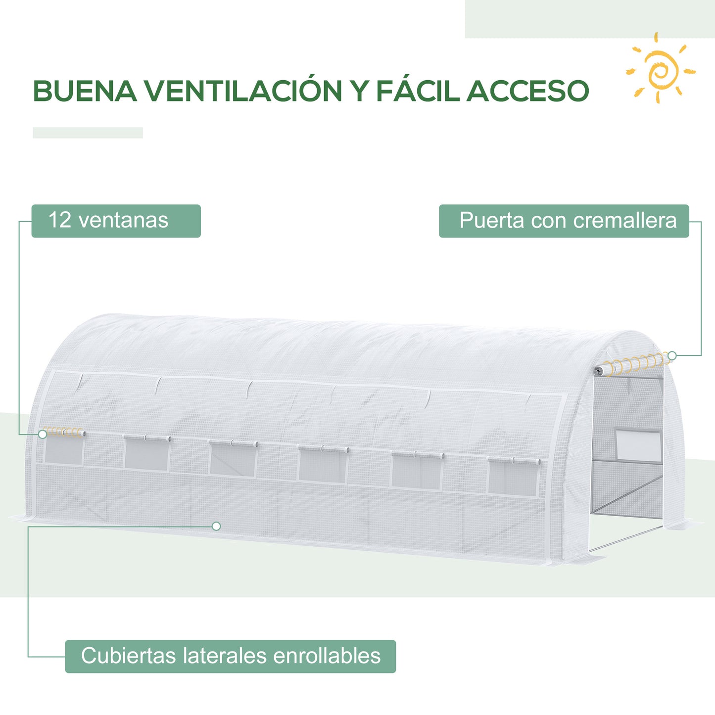 Outsunny Invernadero de Túnel de Jardín 6x3x2 m con Puerta y 12 Ventanas Enrollables de Polietileno 140 g/m² y Acero Galvanizado para Cultivos Plantas Flores Blanco