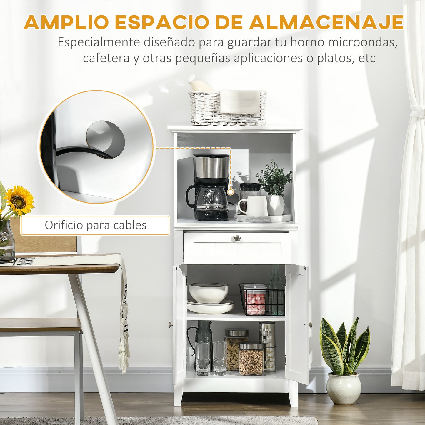 HOMCOM Mueble Auxiliar de Cocina Mueble para Microondas Aparador de Cocina con Cajón Estante 2 Puertas Compartimento Diseño Anti-vuelco para Comedor 60x40x122,5 cm Blanco