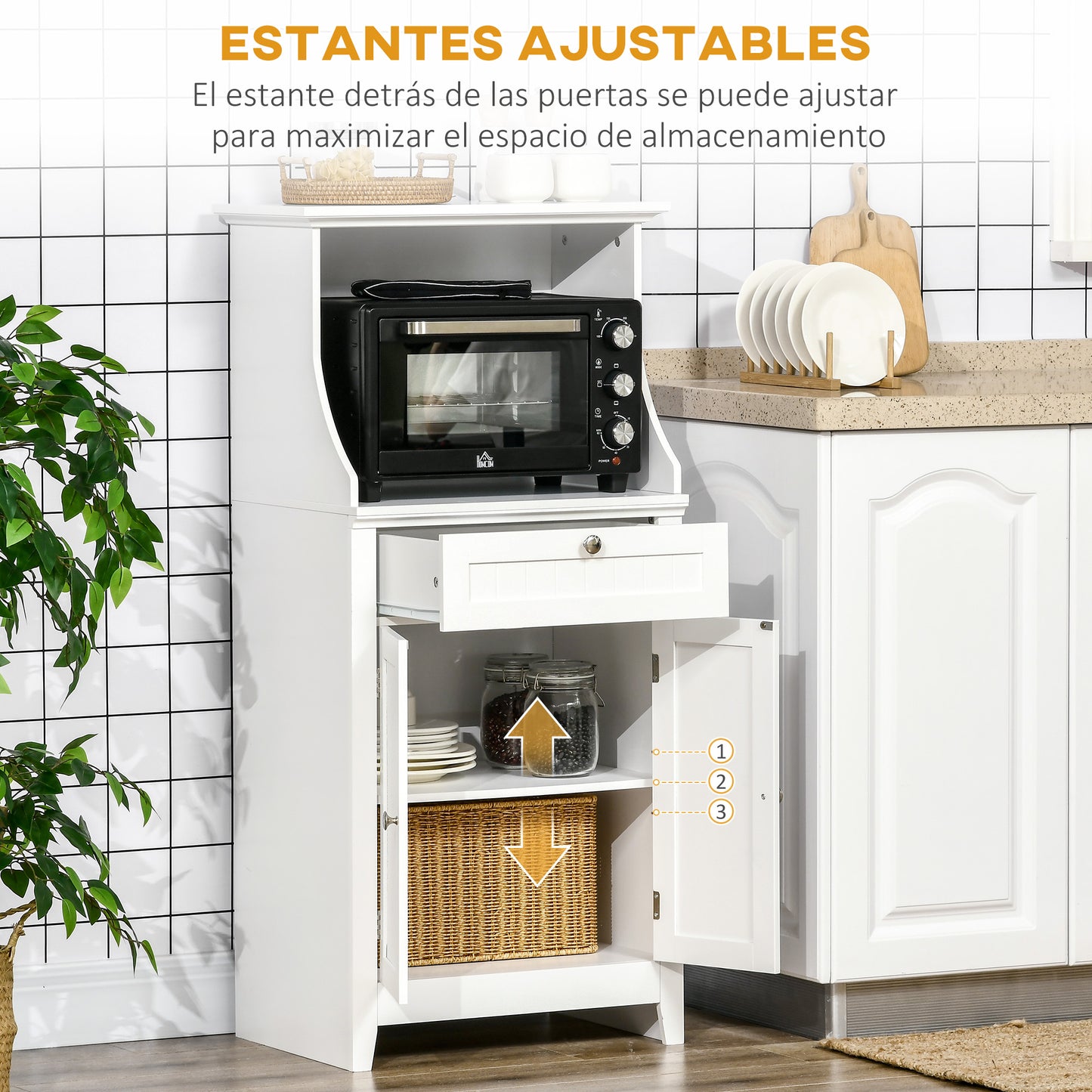 HOMCOM Mueble Auxiliar de Cocina Mueble para Microondas Aparador de Cocina con Cajón Estante 2 Puertas Compartimento Diseño Anti-vuelco para Comedor 60x40x122,5 cm Blanco