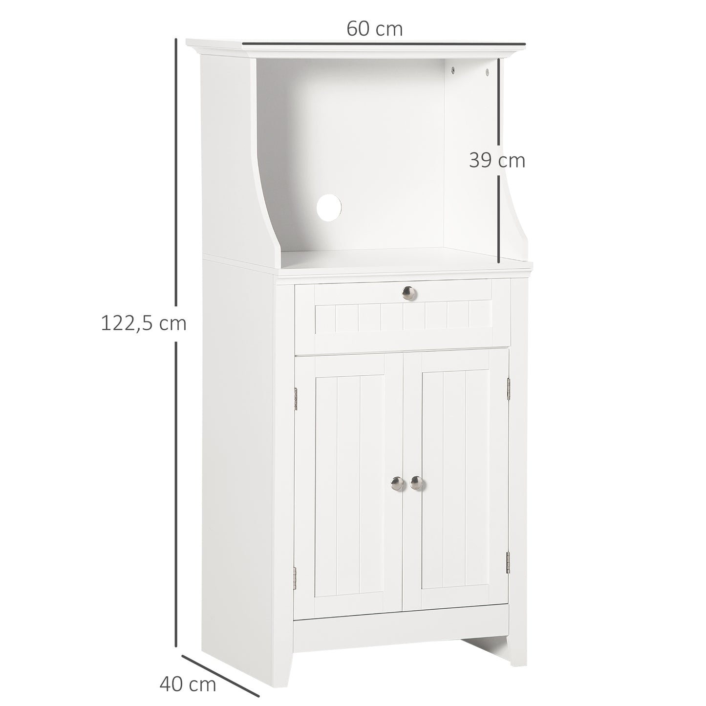 HOMCOM Mueble Auxiliar de Cocina Mueble para Microondas Aparador de Cocina con Cajón Estante 2 Puertas Compartimento Diseño Anti-vuelco para Comedor 60x40x122,5 cm Blanco