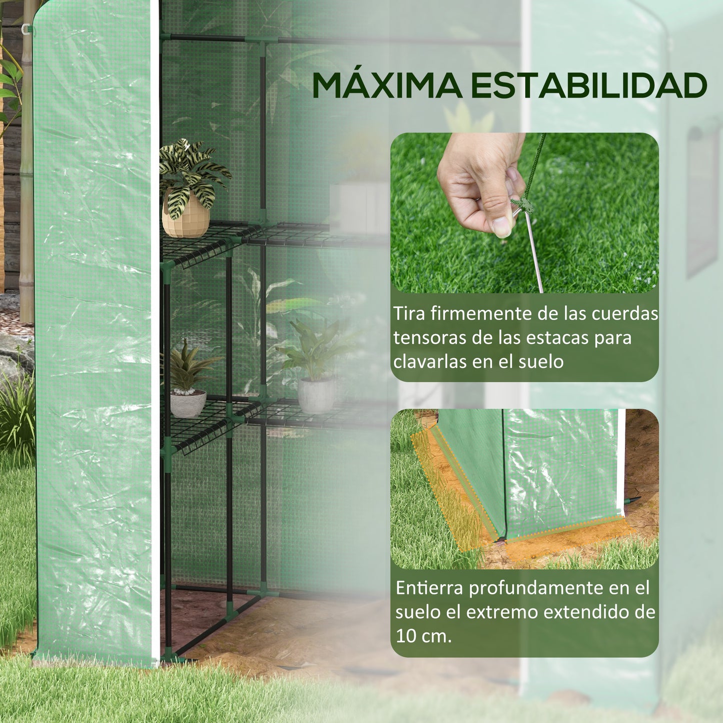 Outsunny Invernadero de Exterior Invernadero de Jardín con 1 Puerta Enrollable 2 Ventanas y Estantes de 2 Niveles en Forma de U Invernadero para Cultivo de Plantas en Terraza Patio 140x73x190 cm Verde