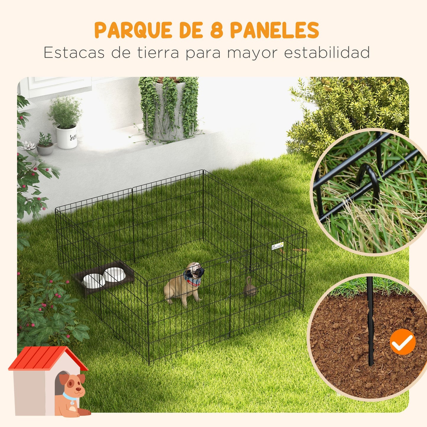 PawHut Parque de Juegos para Perros 8 Paneles Plegables Jaula Metálica para Mascotas con Puerta y Doble Cerradura para Jardín Patio Exterior Negro