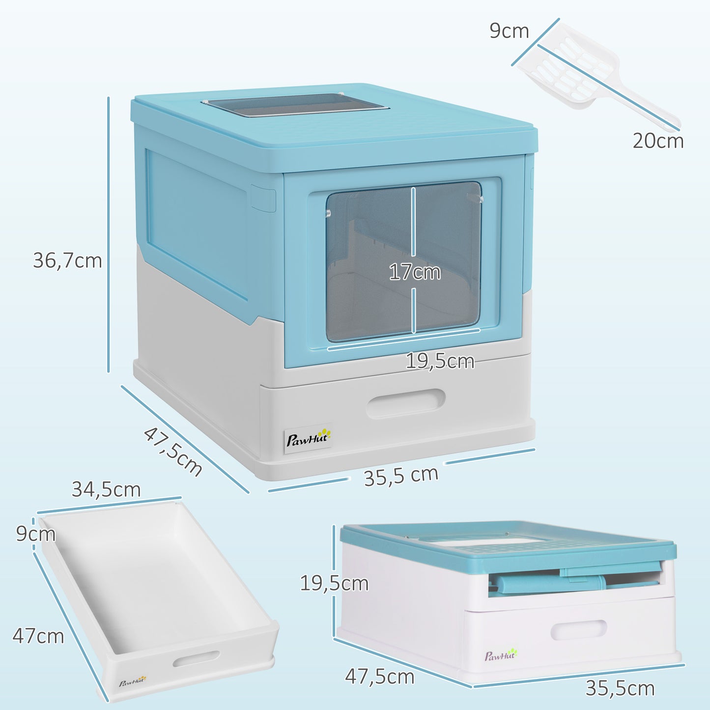 PawHut Caja de Arena Plegable para Gatos Arenero Cerrado para Gatos con Cubierta Desmontable Bandeja Extraíble Techo Abatible Puerta de Entrada y Pala 47,5x35,5x36,7 cm Azul y Blanco