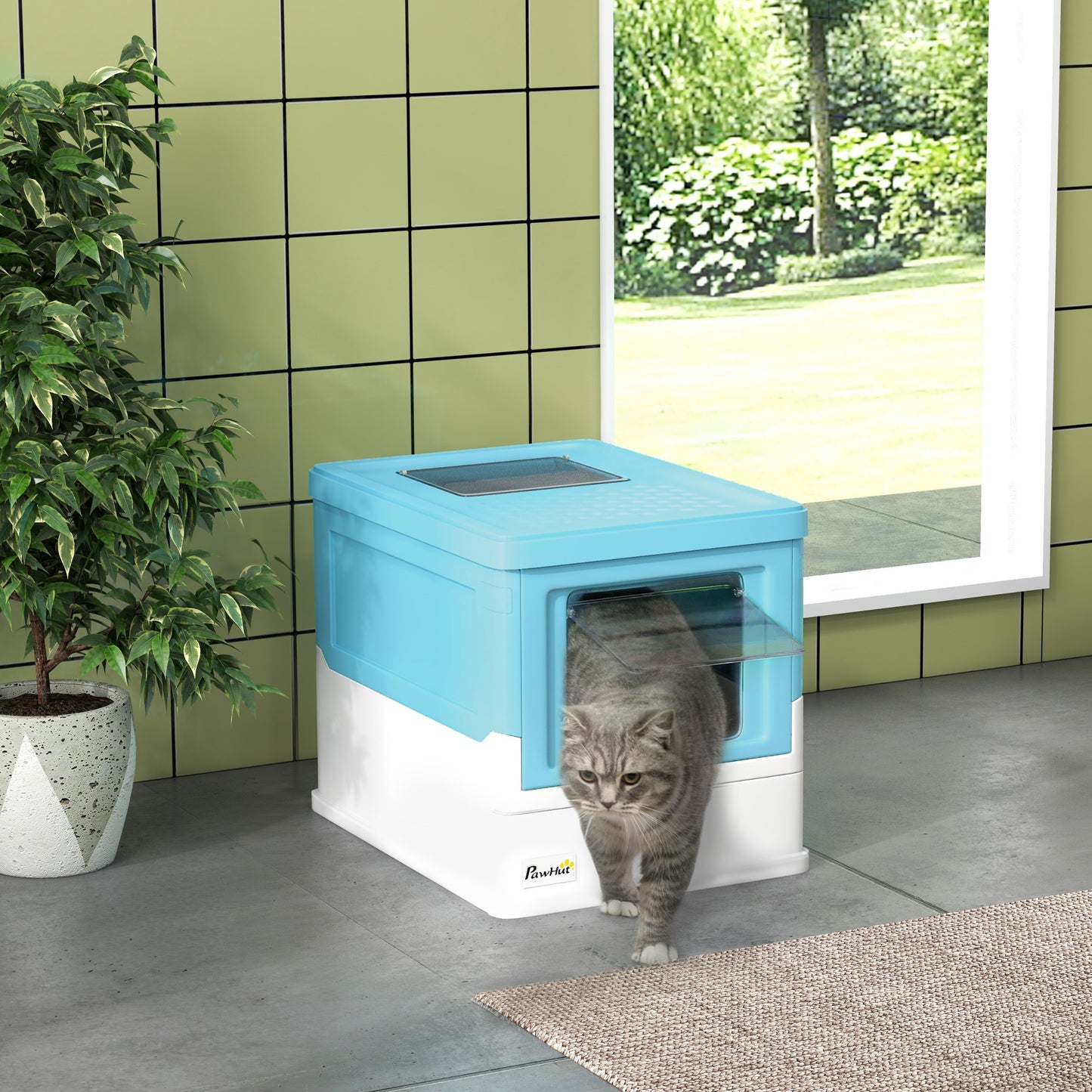 PawHut Caja de Arena Plegable para Gatos Arenero Cerrado para Gatos con Cubierta Desmontable Bandeja Extraíble Techo Abatible Puerta de Entrada y Pala 47,5x35,5x36,7 cm Azul y Blanco