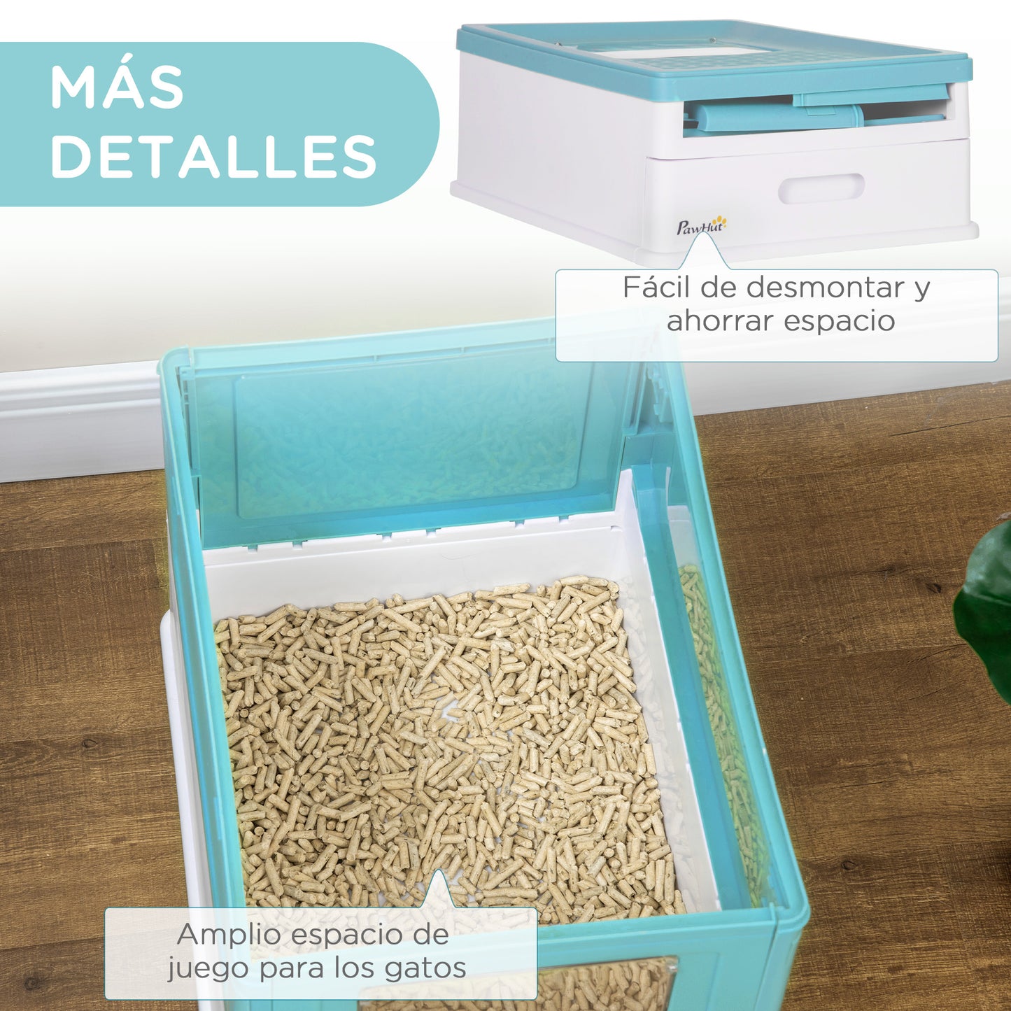 PawHut Caja de Arena Plegable para Gatos Arenero Cerrado para Gatos con Cubierta Desmontable Bandeja Extraíble Techo Abatible Puerta de Entrada y Pala 47,5x35,5x36,7 cm Azul y Blanco