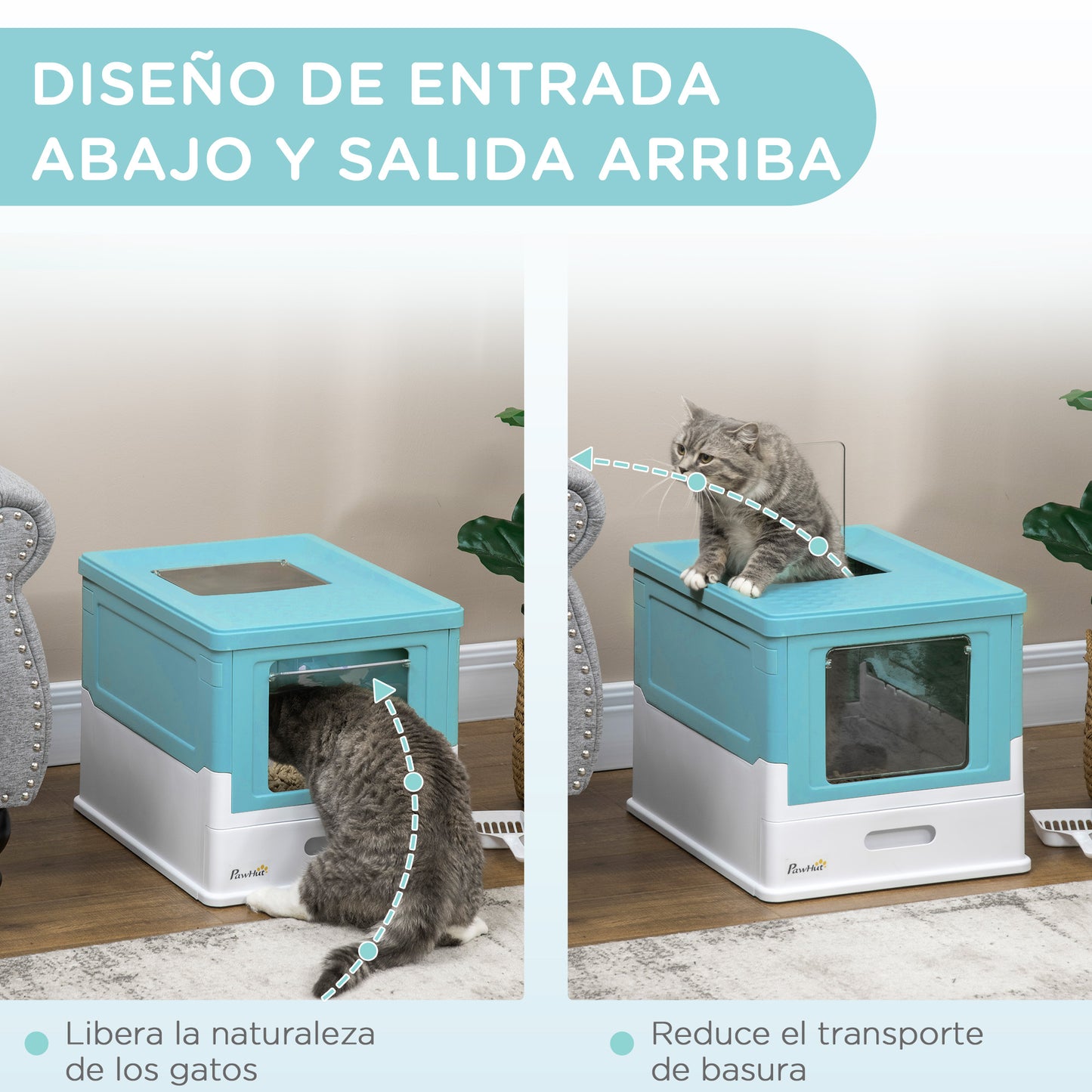 PawHut Caja de Arena Plegable para Gatos Arenero Cerrado para Gatos con Cubierta Desmontable Bandeja Extraíble Techo Abatible Puerta de Entrada y Pala 47,5x35,5x36,7 cm Azul y Blanco