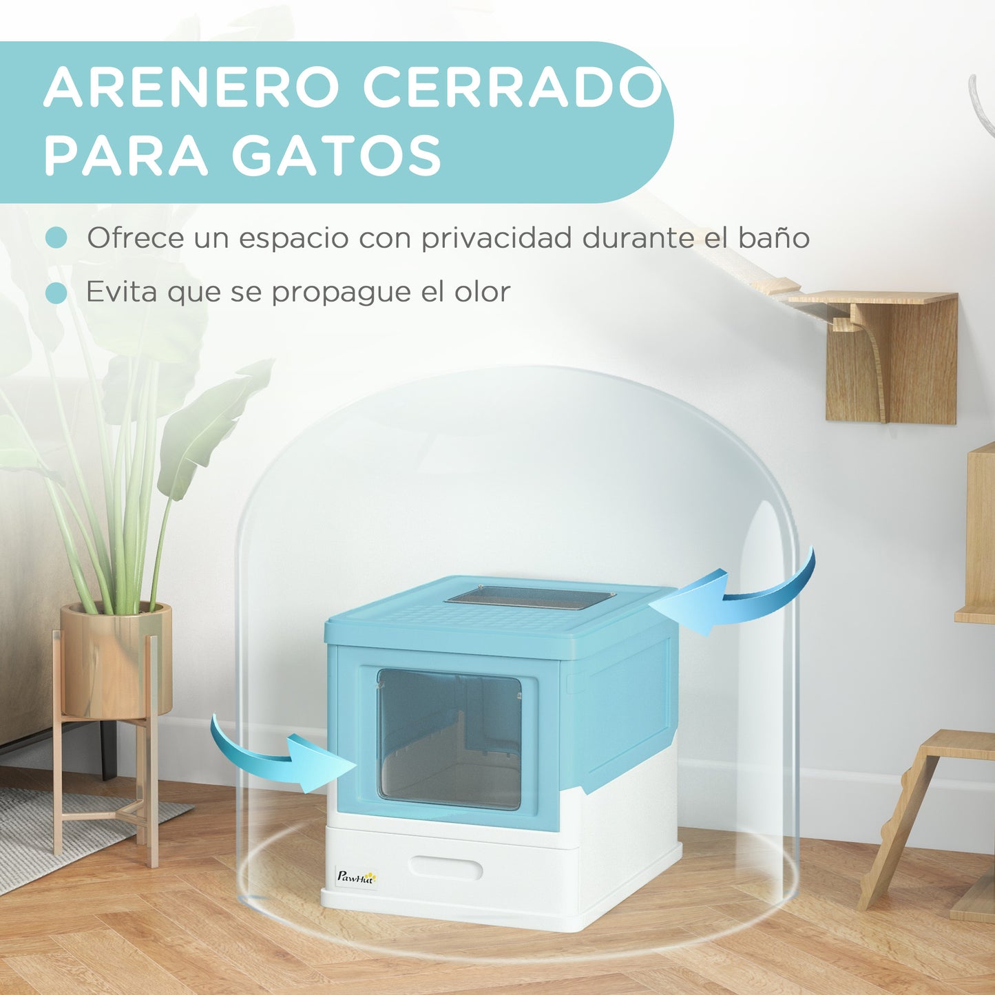 PawHut Caja de Arena Plegable para Gatos Arenero Cerrado para Gatos con Cubierta Desmontable Bandeja Extraíble Techo Abatible Puerta de Entrada y Pala 47,5x35,5x36,7 cm Azul y Blanco